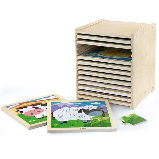 Puzzles en bois dans coffret en bois, 9pcs