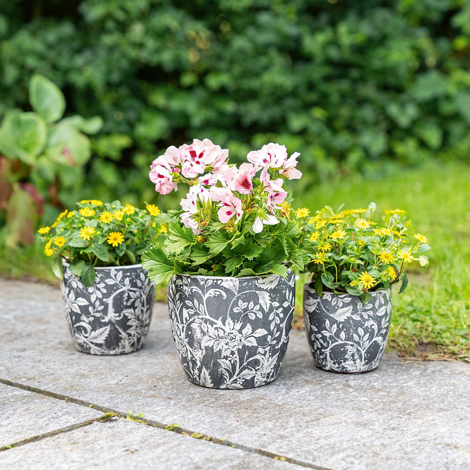 Pots de fleurs en céramique noir, motif feuilles, 3 pces