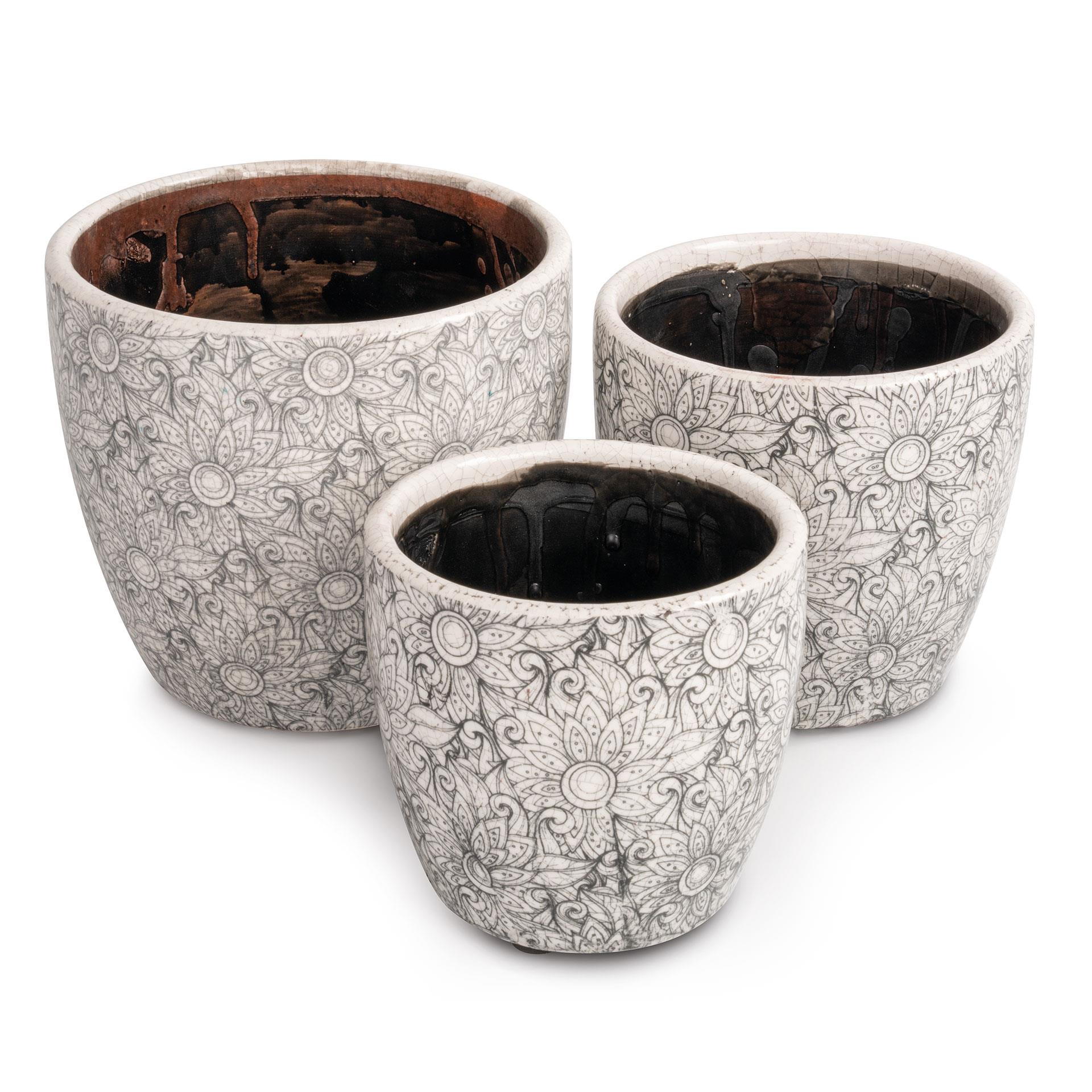 Pots de fleurs en céramique blanc, motif fleurs, 3 pces