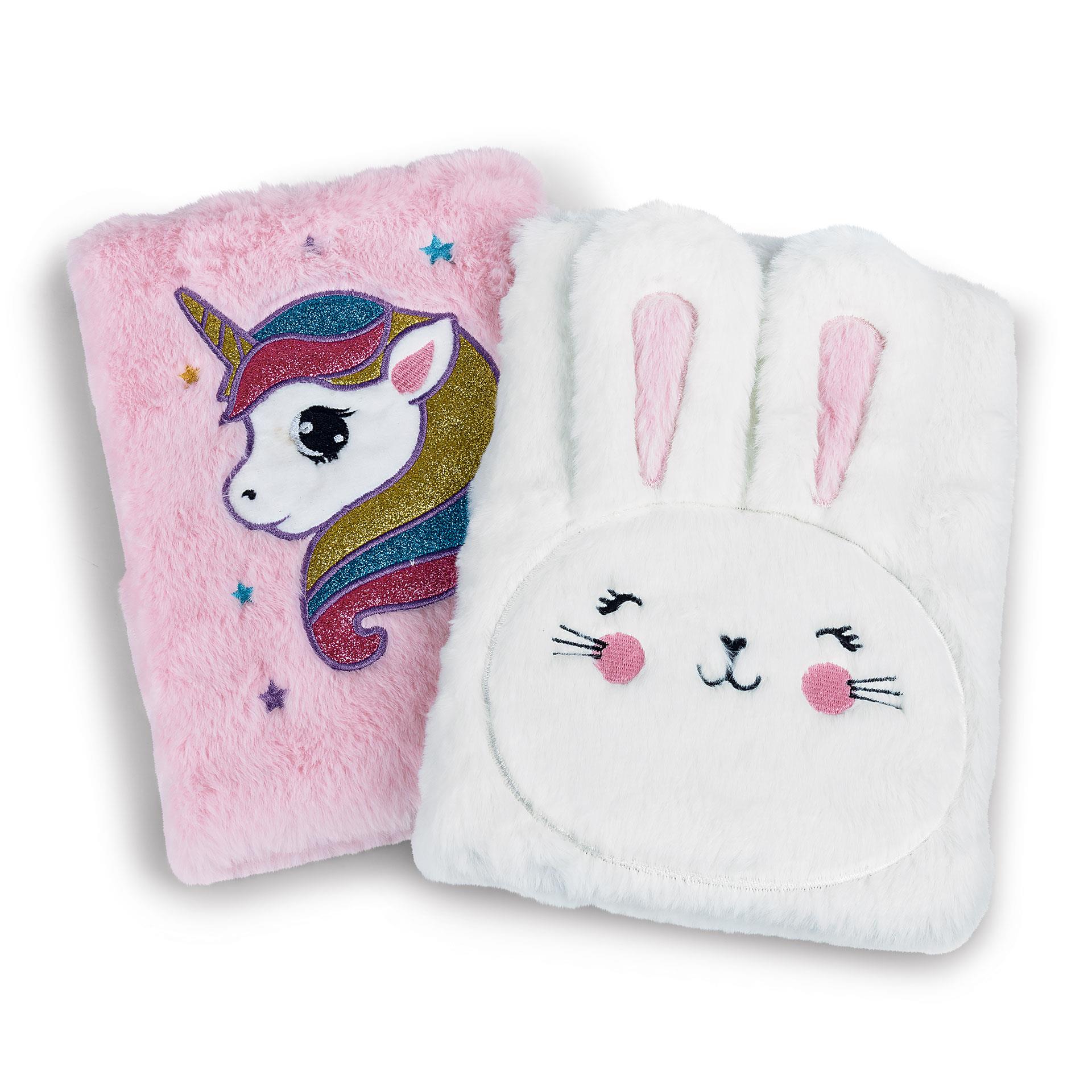 2 agendine in peluche con unicorno e leprotto