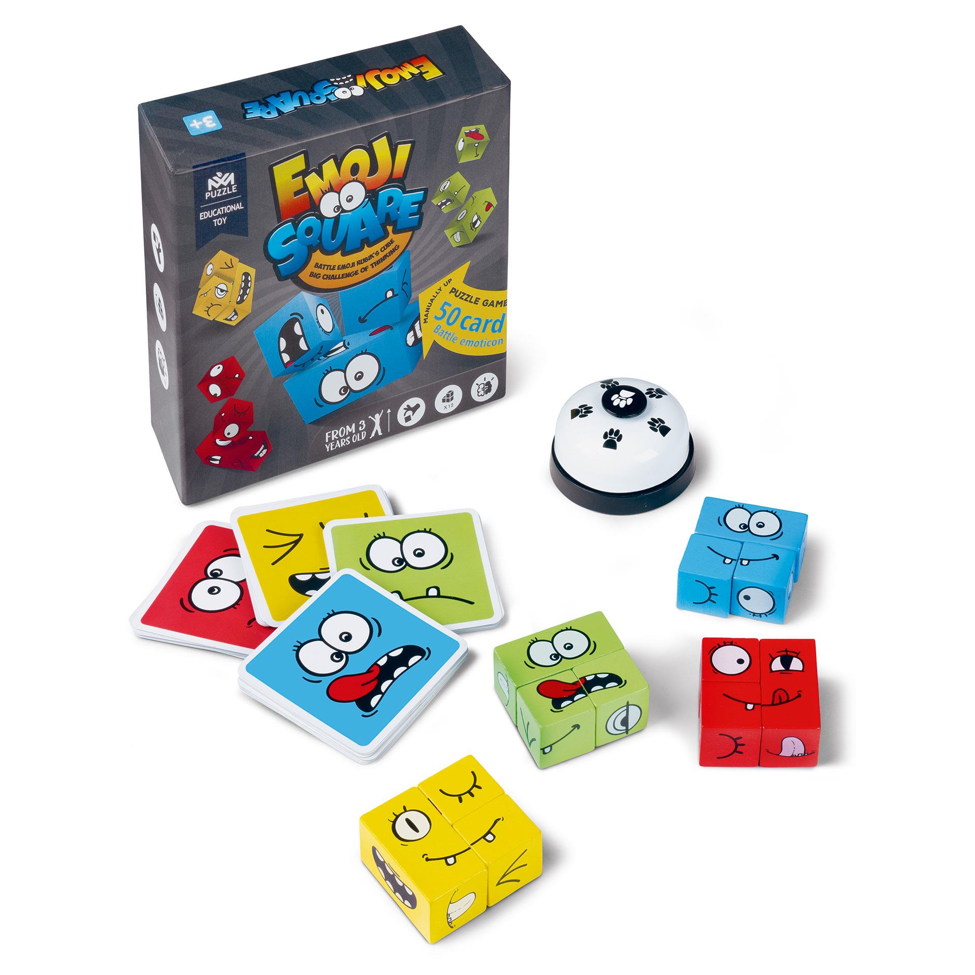 Emoji Square Game mit Holzspielsteinen, Karten und Glocke