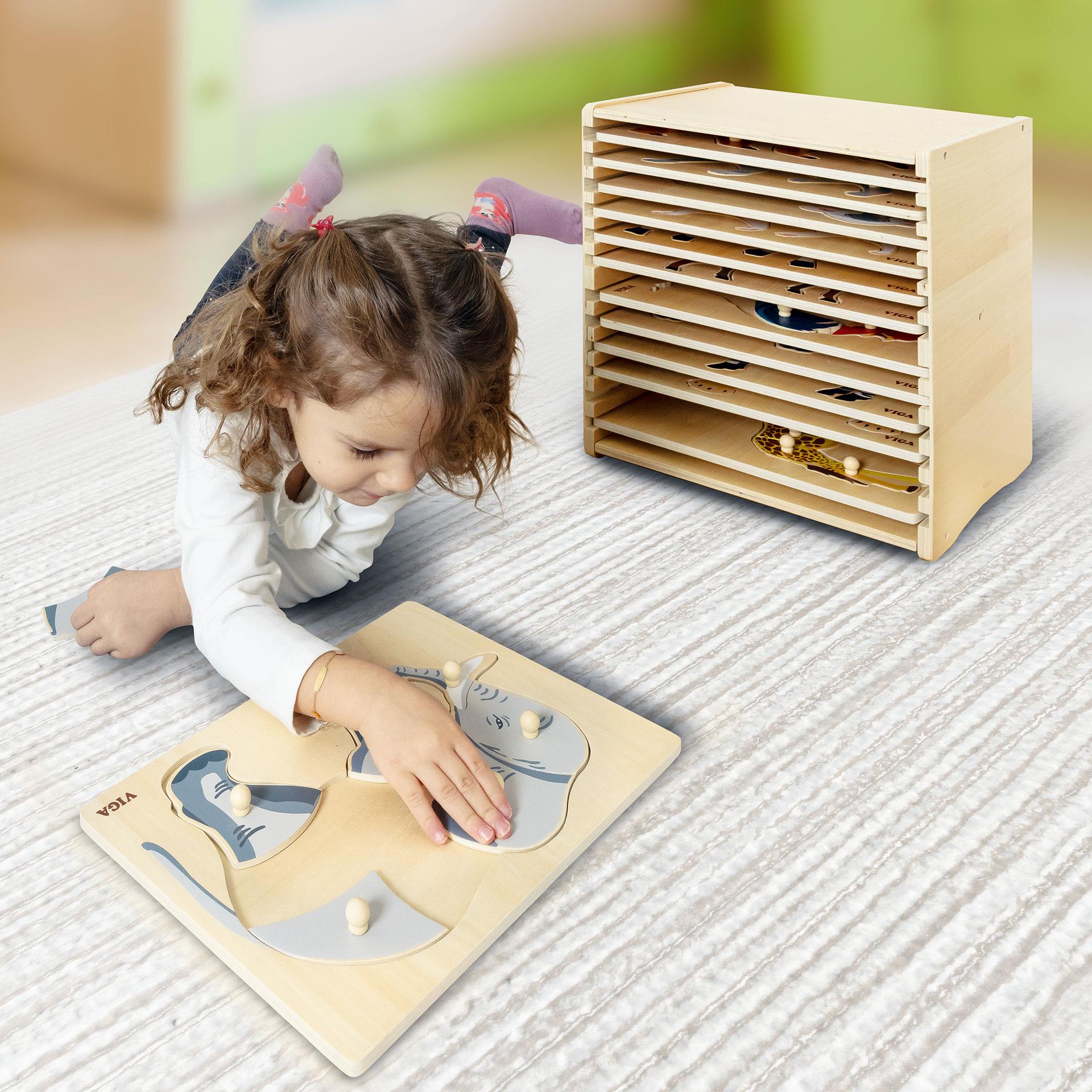 Puzzles Montessori dans une caissette en bois, 12 pces