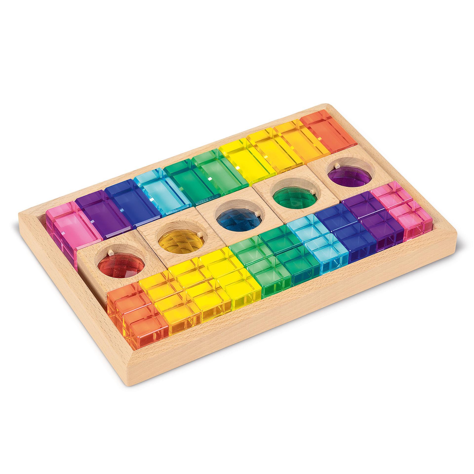 Holzbox mit Spielklötzen aus transparentem Acryl und Holz