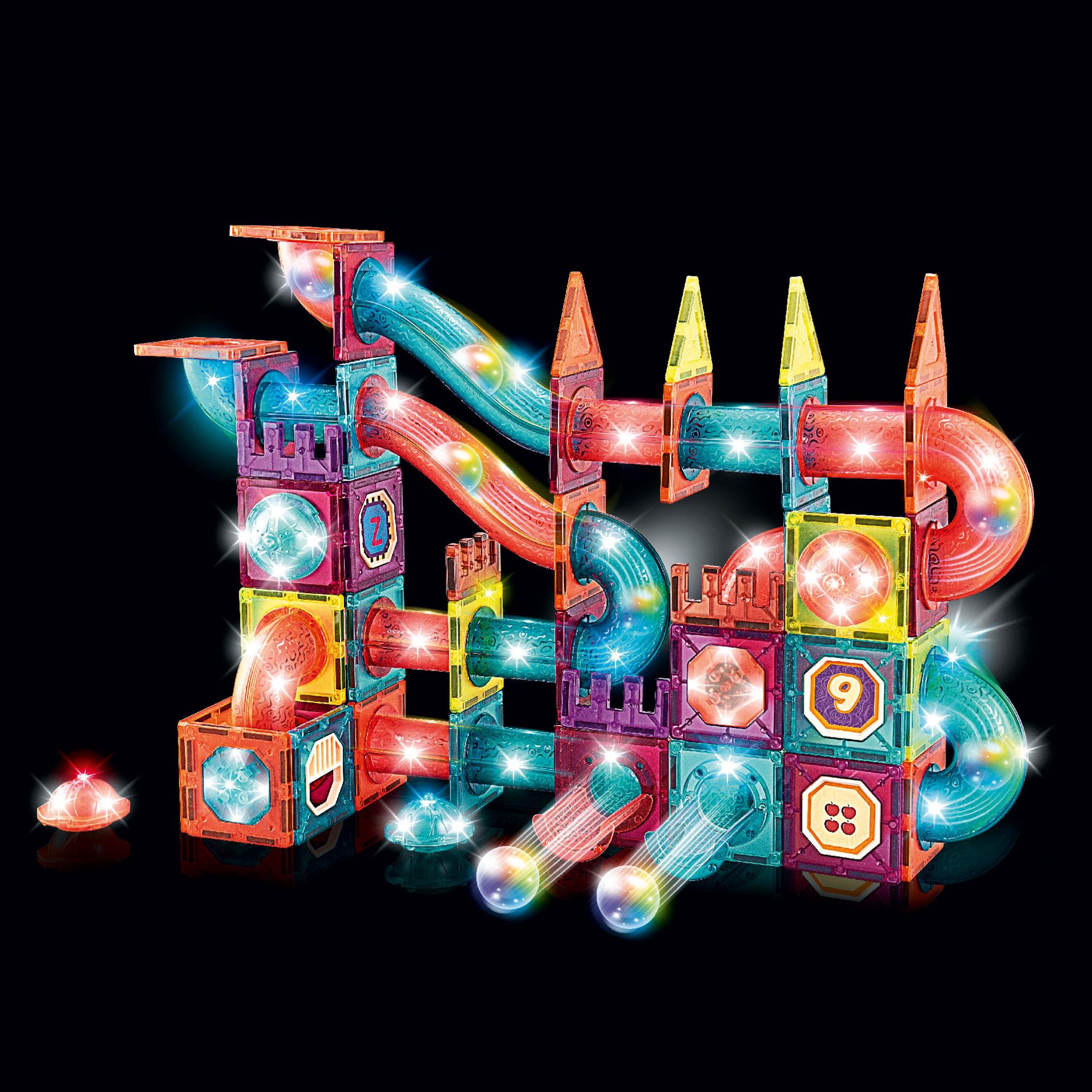 Pista per biglie magnetica con mattoncini luminosi, 140 pezzi. BEA Toys