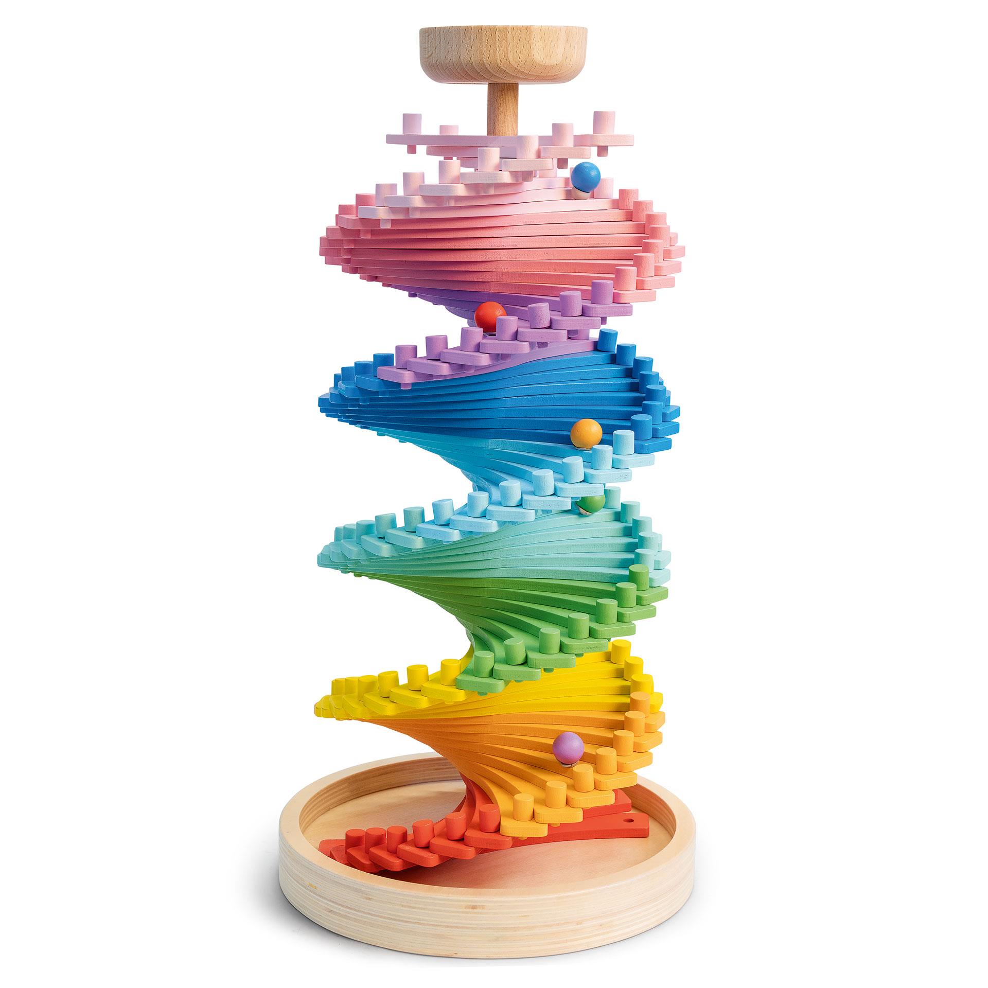 Piste à billes en bois multicolore Arc-en-ciel avec piste en spirale et billes en bois de différentes couleurs