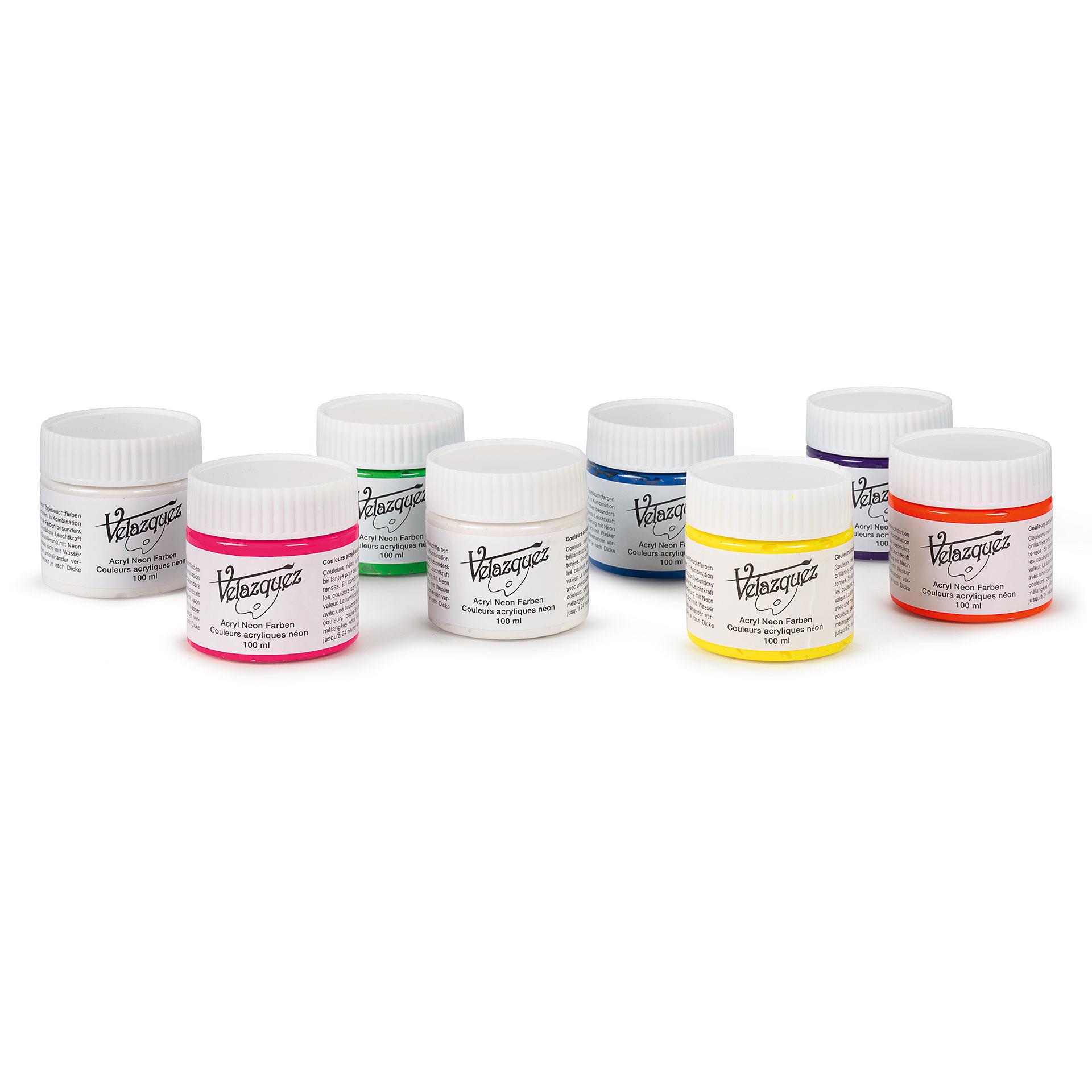 Set di 8 colori acrilici al neon di Velazquez, barattoli in blu, verde, viola, arancione, rosa, giallo e 2 x bianco, 100 ml per barattolo