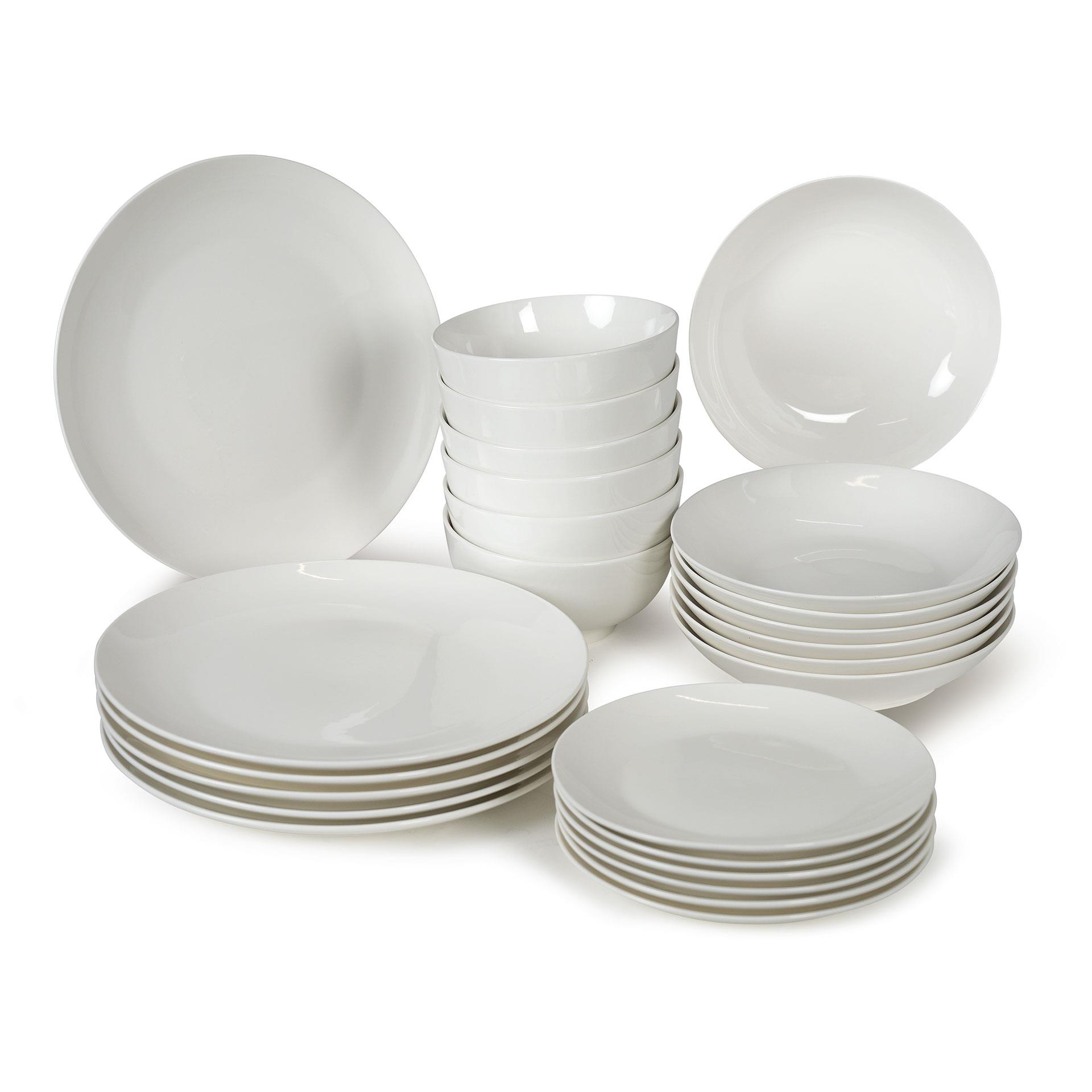 Set de vaisselle Classic Blanc, 24 pces, composé d'assiettes plates, d'assiettes à dessert, d'assiettes à soupe et de bols, en matériau New Bone China de qualité supérieure