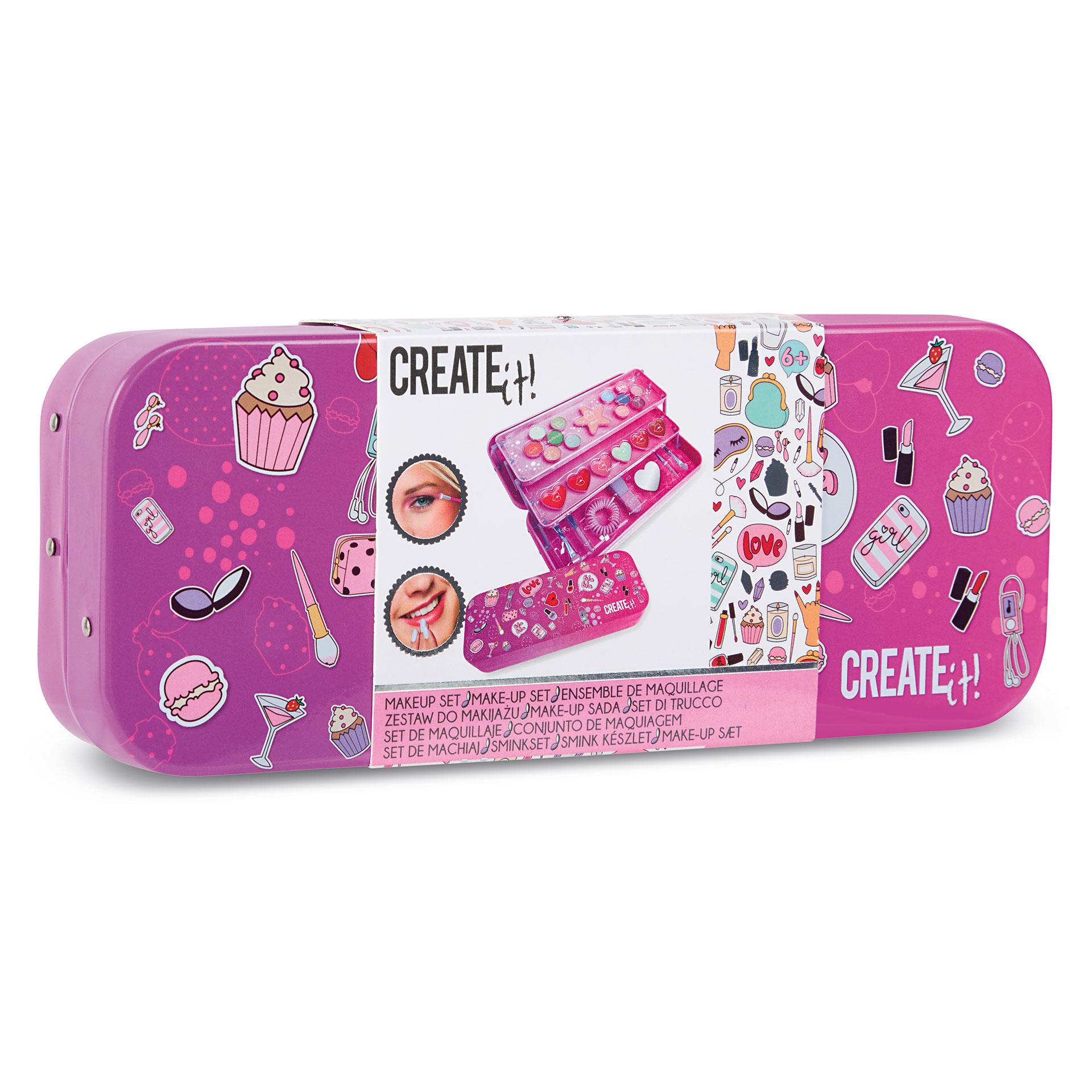 Scatola per il trucco colorata con 3 strati di trucco, 12 colori di ombretto, 6 colori di gloss, fard, specchio per le mani ed elastico per capelli