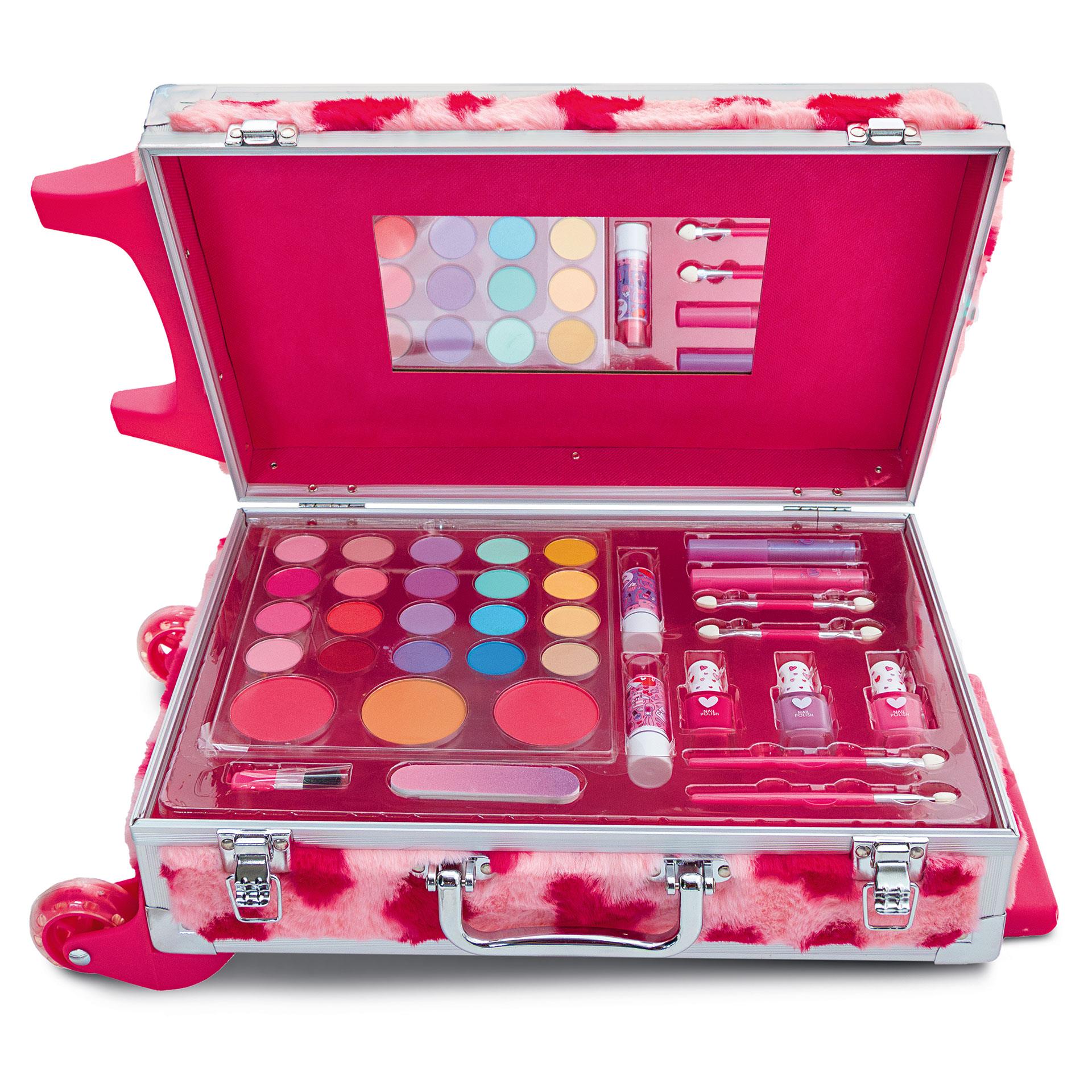 Carrello porta trucchi rosa con design a cuoricini e set da trucco da 36 pezzi per bambini, con ruote e manico estensibile