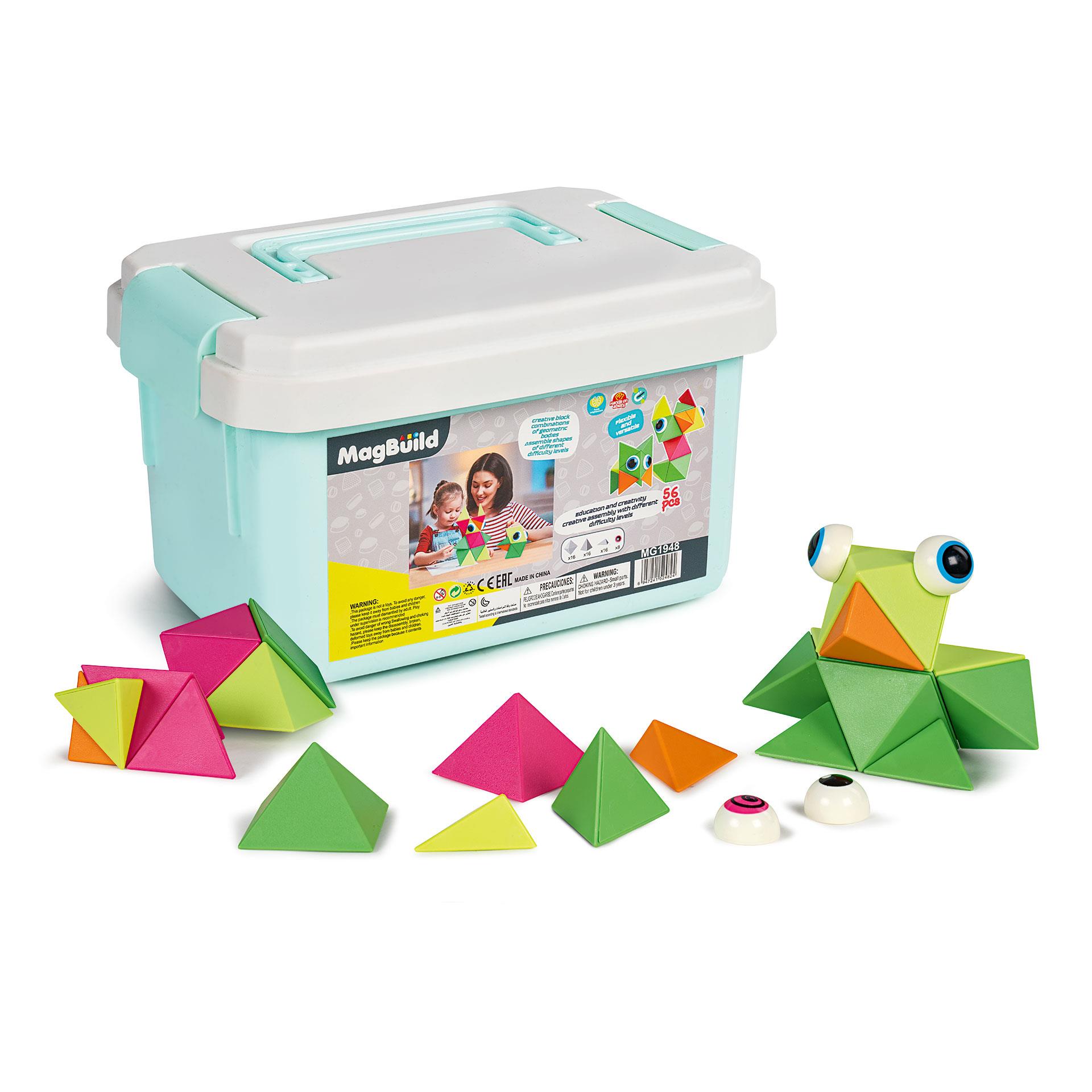 Magnetisches Bausteine Set mit bunten Pyramiden und Augen in praktischer Aufbewahrungsbox