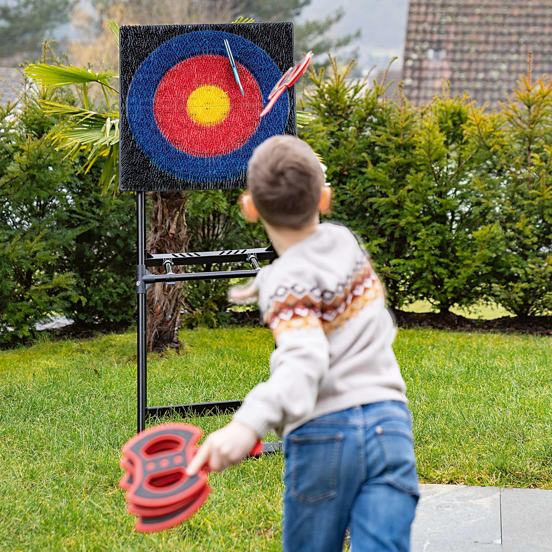 Jeu de lancer de haches en extérieur avec grande cible et 8 haches en plastique de deux couleurs, convient aux enfants et aux adultes