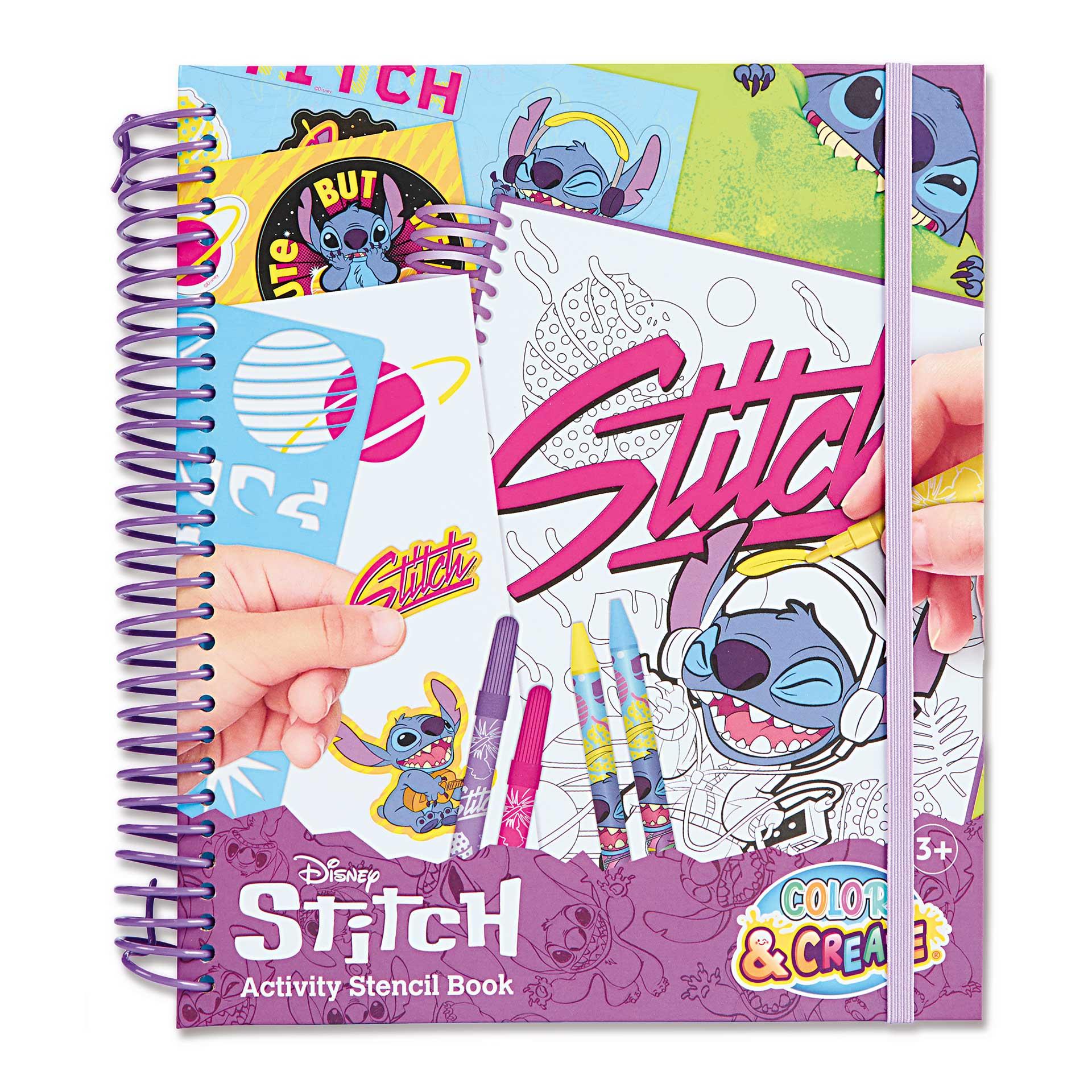 Stitch Activity Schablonenbuch mit Bastel- und Malzubehör wie Stiften, Stickern und Schablonen in einem Set, farbenfroh gestaltet