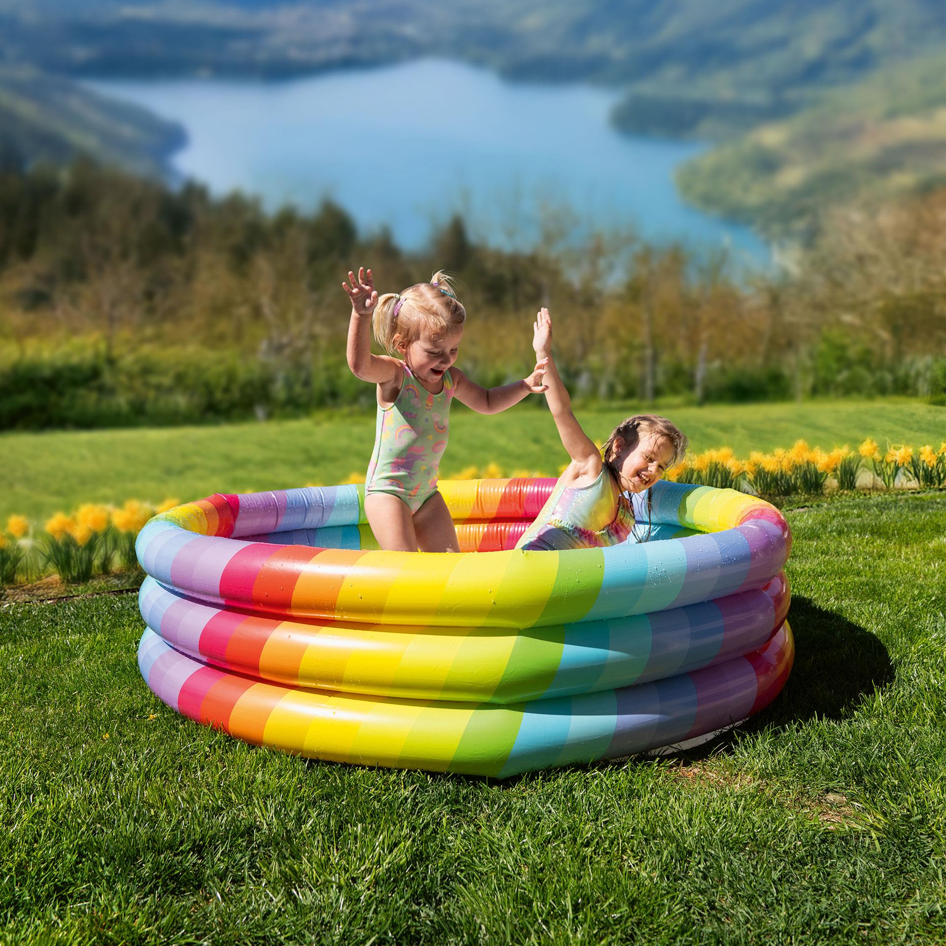 Pataugeoire gonflable Rainbow avec trois anneaux colorés, piscine ronde pour enfants de Ø 168 cm et 38 cm de hauteur, idéale pour l'été