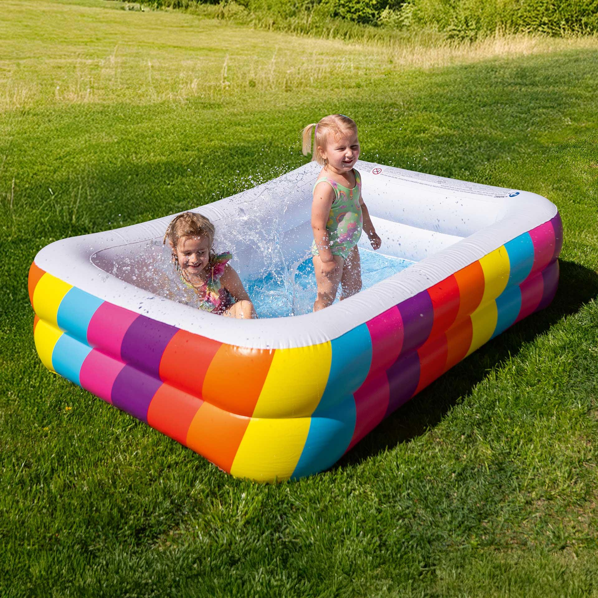 Piscina per bambini rettangolare con pareti laterali colorate con design arcobaleno, gonfiabile, modello Sunclub, dimensioni 195 x 140 x 47 cm