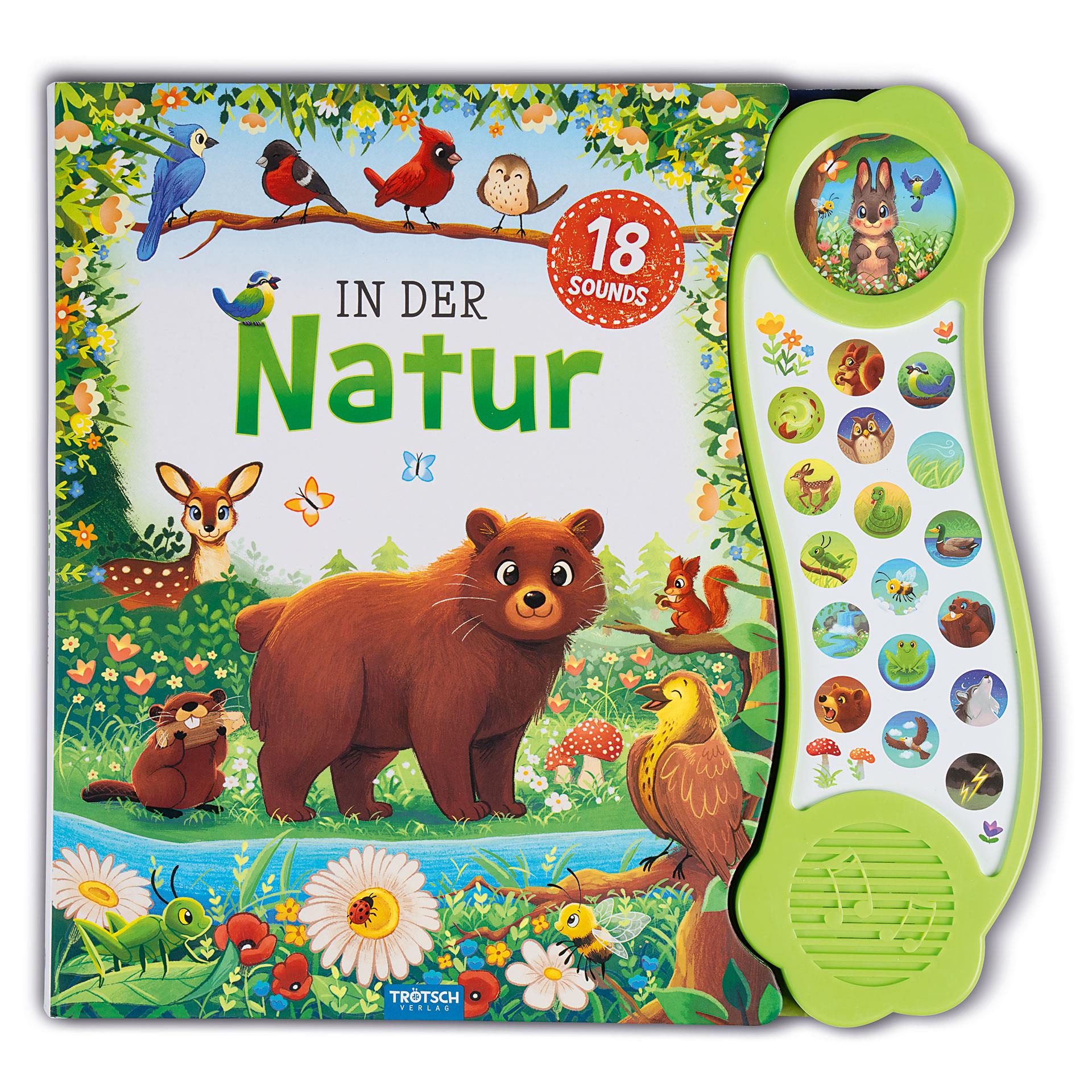 Soundbuch für Kinder mit 8 farbigen Seiten und 18 Naturgeräuschen wie Eule, Frosch, Wind und Bär – interaktiv und batteriebetrieben