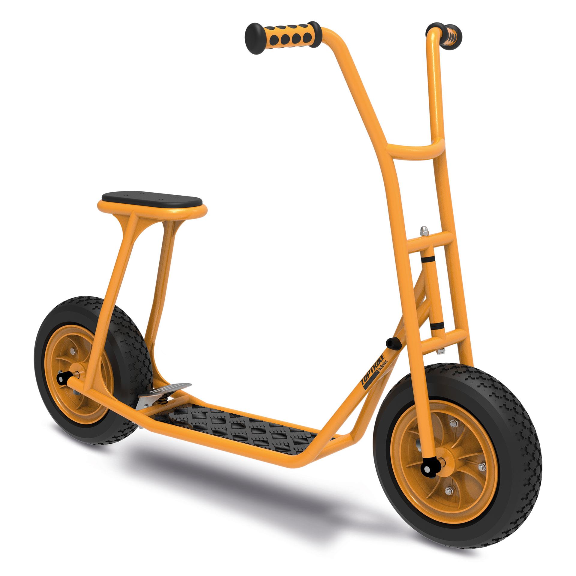 Gelber Sitzroller für Kinder mit Sitzfläche, Fussbremse und EVA-Reifen im modernen TopTrike-Design