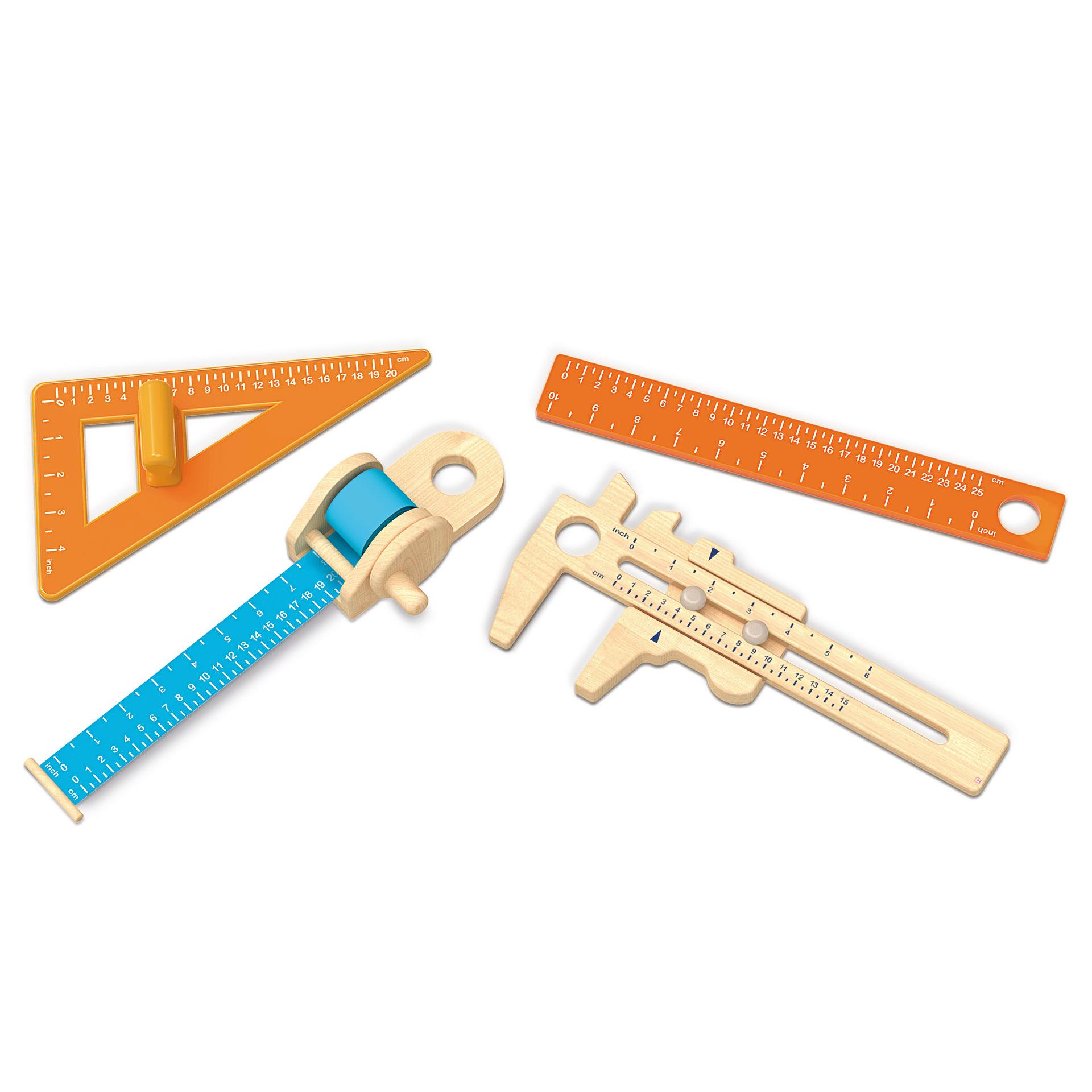 Set de 4 outils de mesure en bois avec règle, mètre ruban, pied à coulisse et géodésiques pour enfants