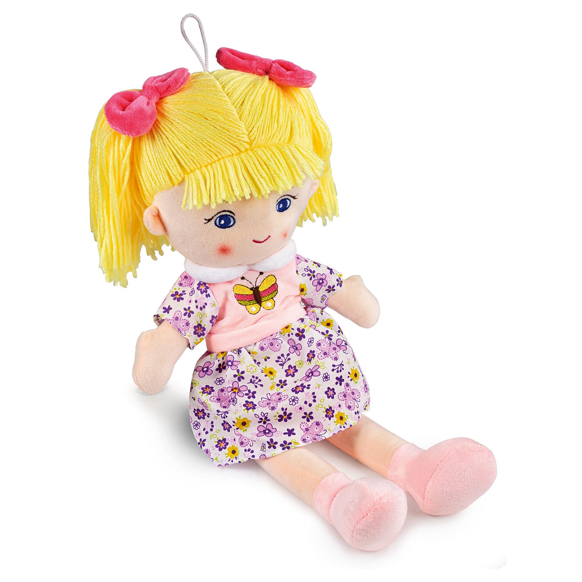 Weiche Stoffpuppe mit blonden Wollzöpfen, rosa Kleid mit Schmetterling und Aufhängeschlaufe