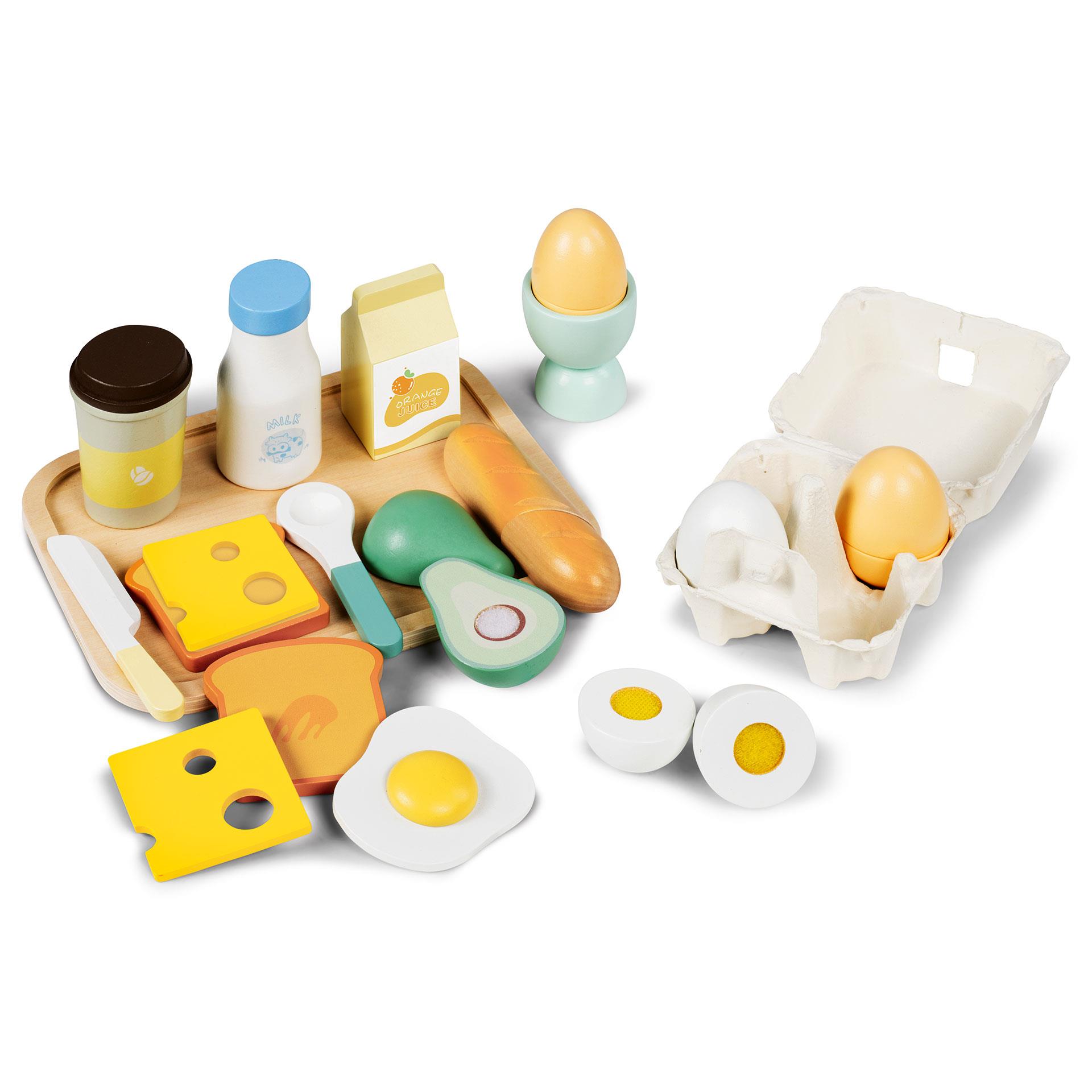 Frühstücks-Set mit 27 Teilen, darunter Toast, Käse, Avocado, Spiegelei, Becher, Milchflasche und Eierkarton