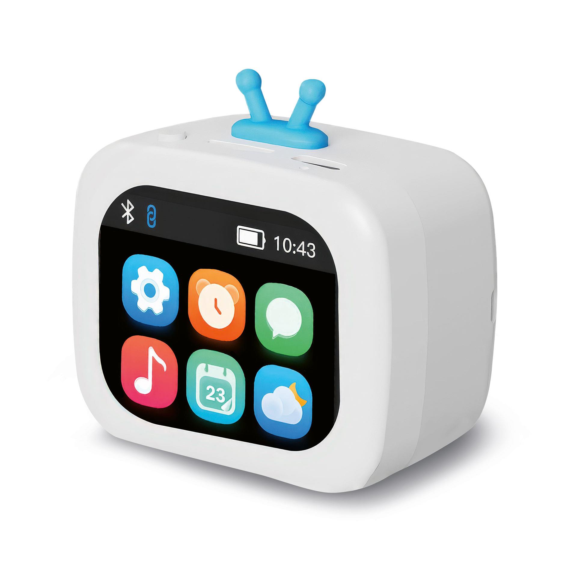 Mini TV Bluetooth Speaker mit Touchscreen-Display zeigt Uhrzeit, Wetter, Wecker und Anrufanzeige im Retro-TV-Design