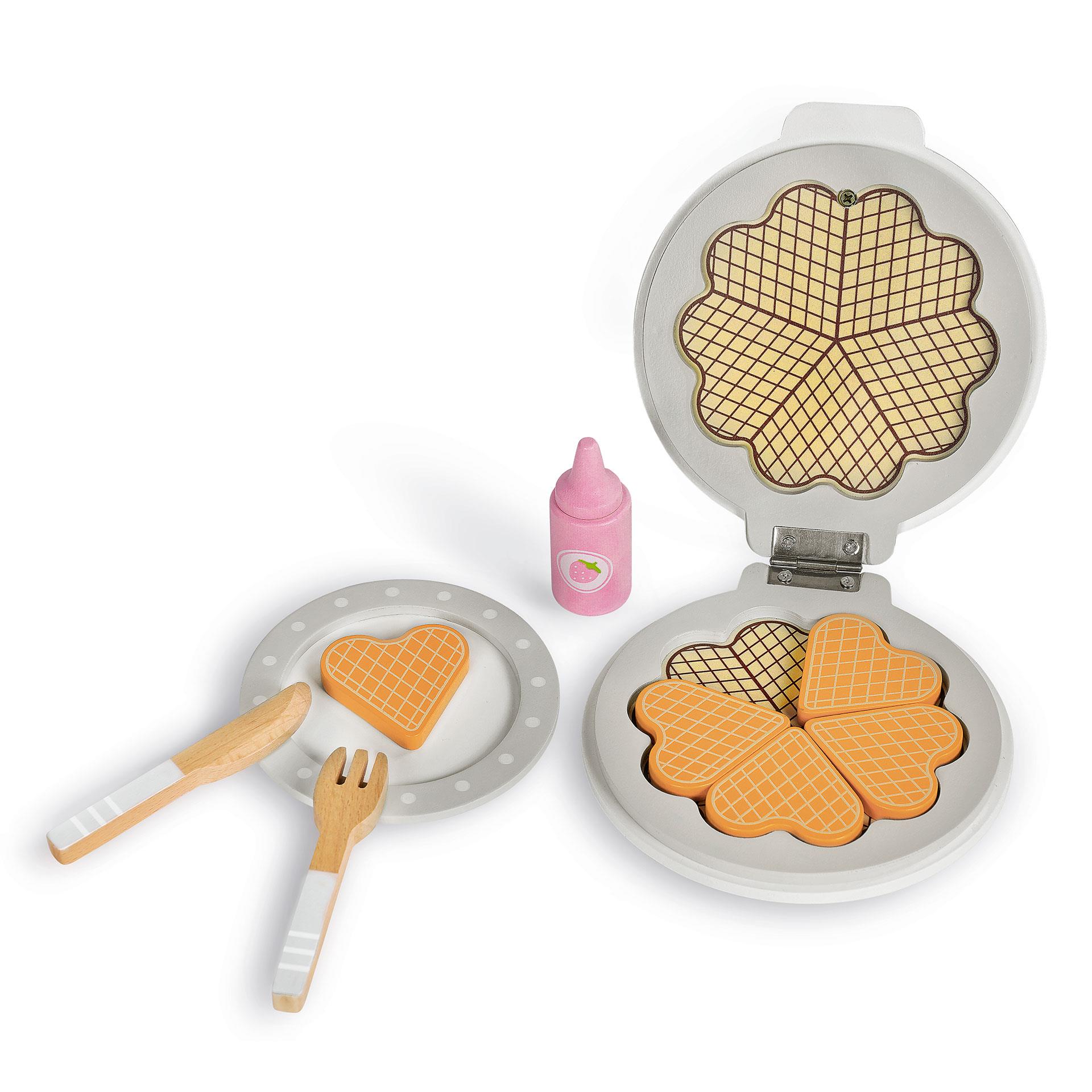 Giochi in legno con accessori, composto da piastra per cialde, 4 cialde con guarnizioni di frutta, bottiglia di sciroppo, posate e piatti, per giochi di ruolo creativi nella cucina dei bambini
