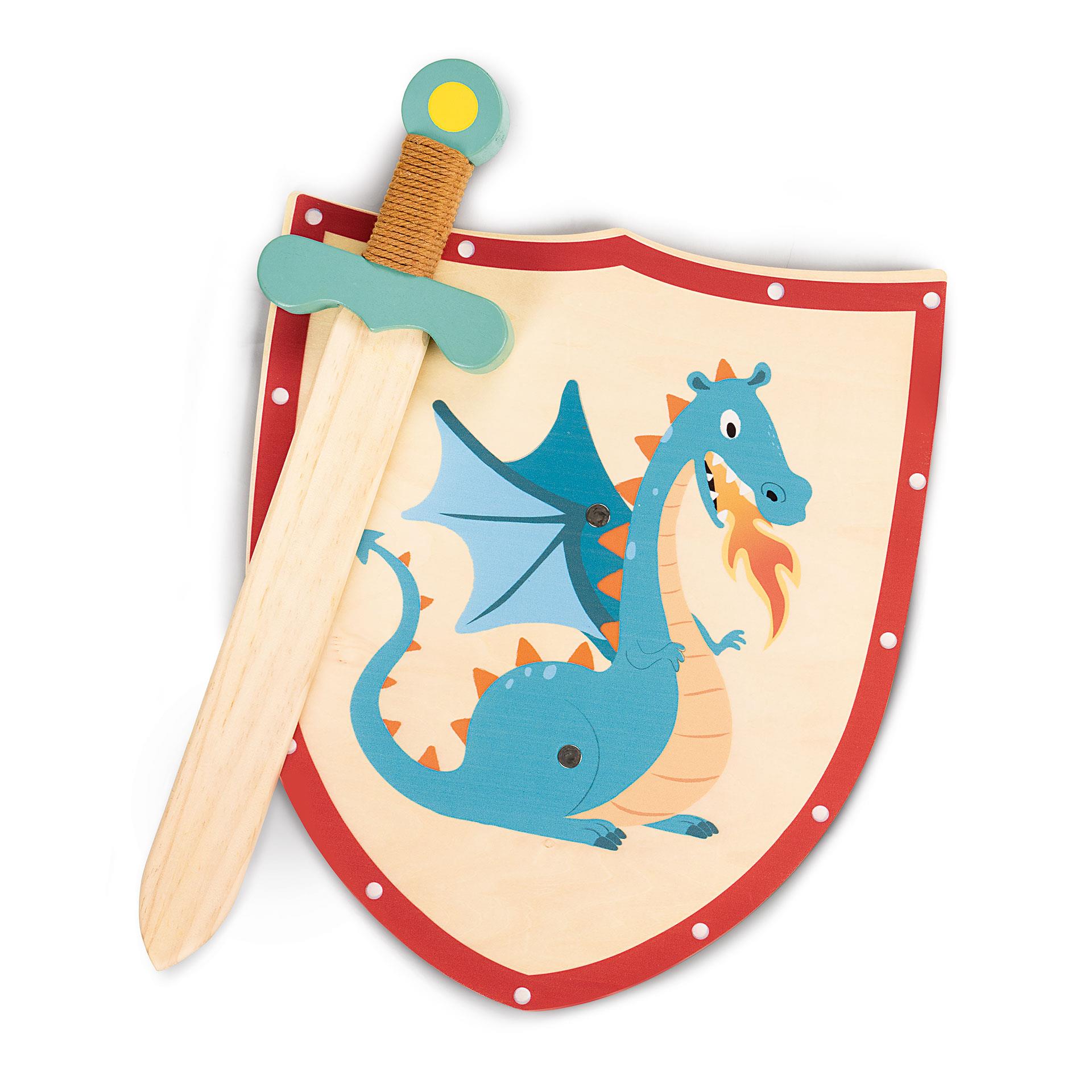 Bouclier de chevalier avec motif dragon et épée en bois assortie, ensemble composé de deux pièces pour les enfants à partir de 3 ans