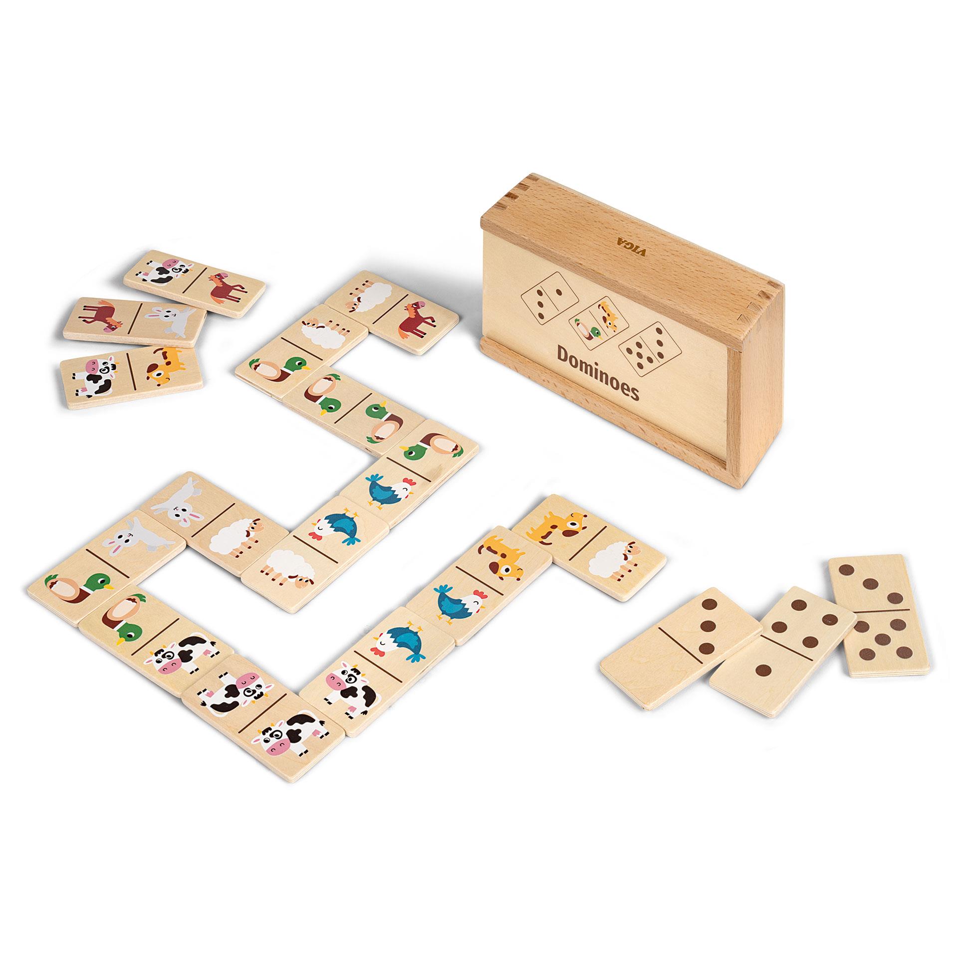 Holzdomino mit Tiermotiven und Punkten, 28 Steine in Holzbox