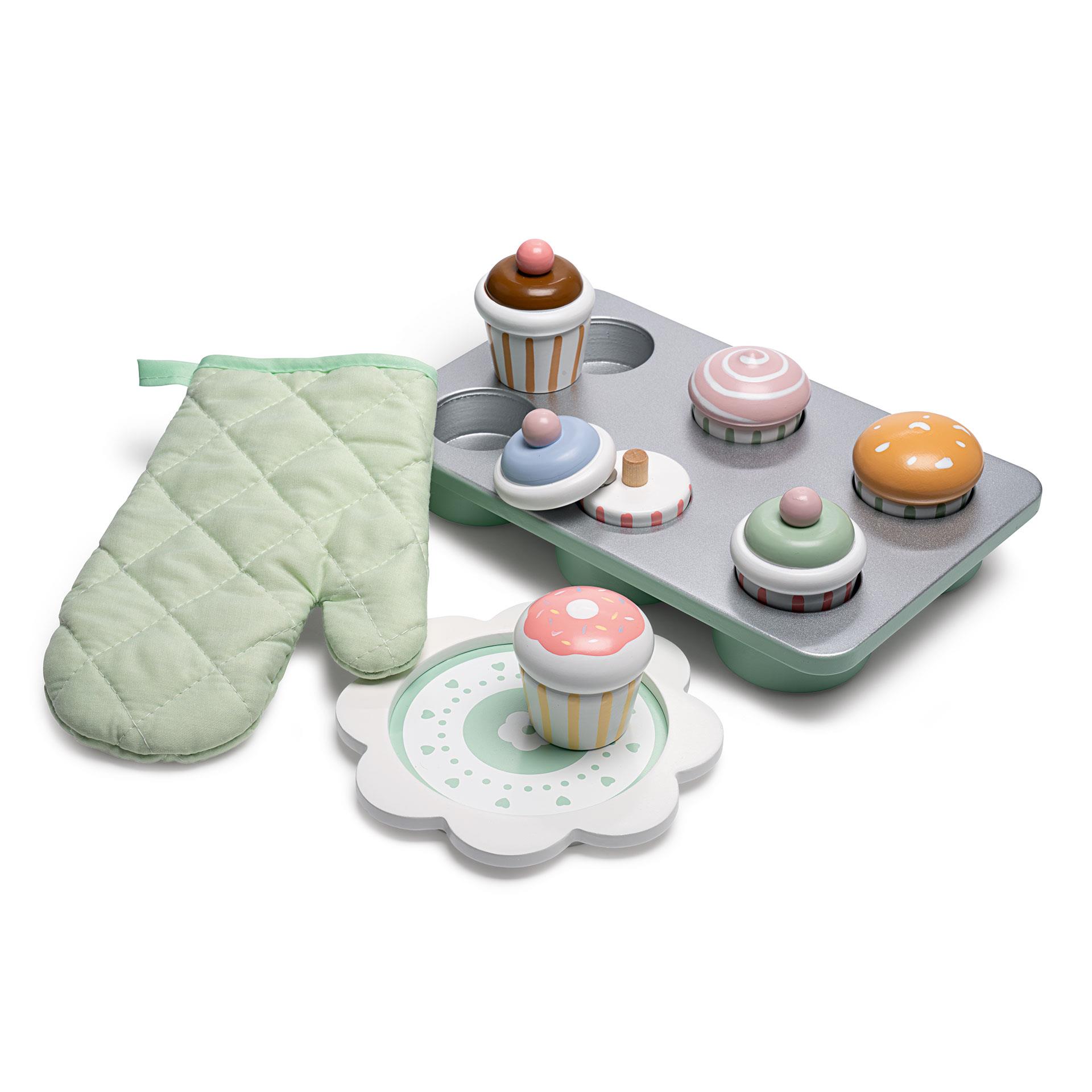 Holz Spiel Muffins mit Backform, Handschuh und Servierteller, BEA Toys