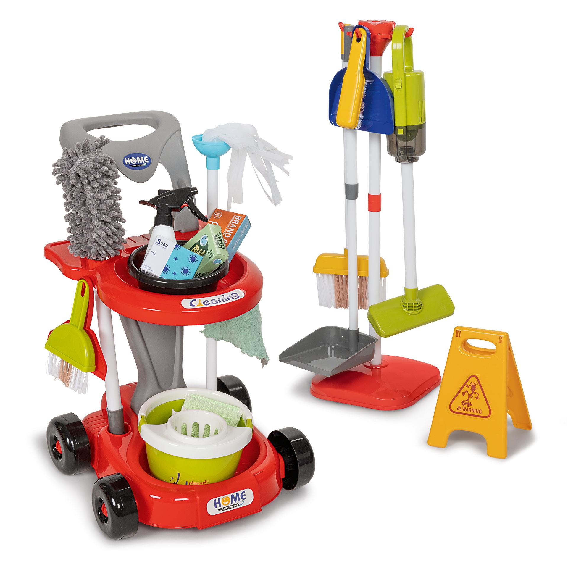 Kinderputzwagen mit bunten Zubehörteilen wie Reinigungsmaterial, Entstauber, Eimer und Besenständer, von BEA Toys