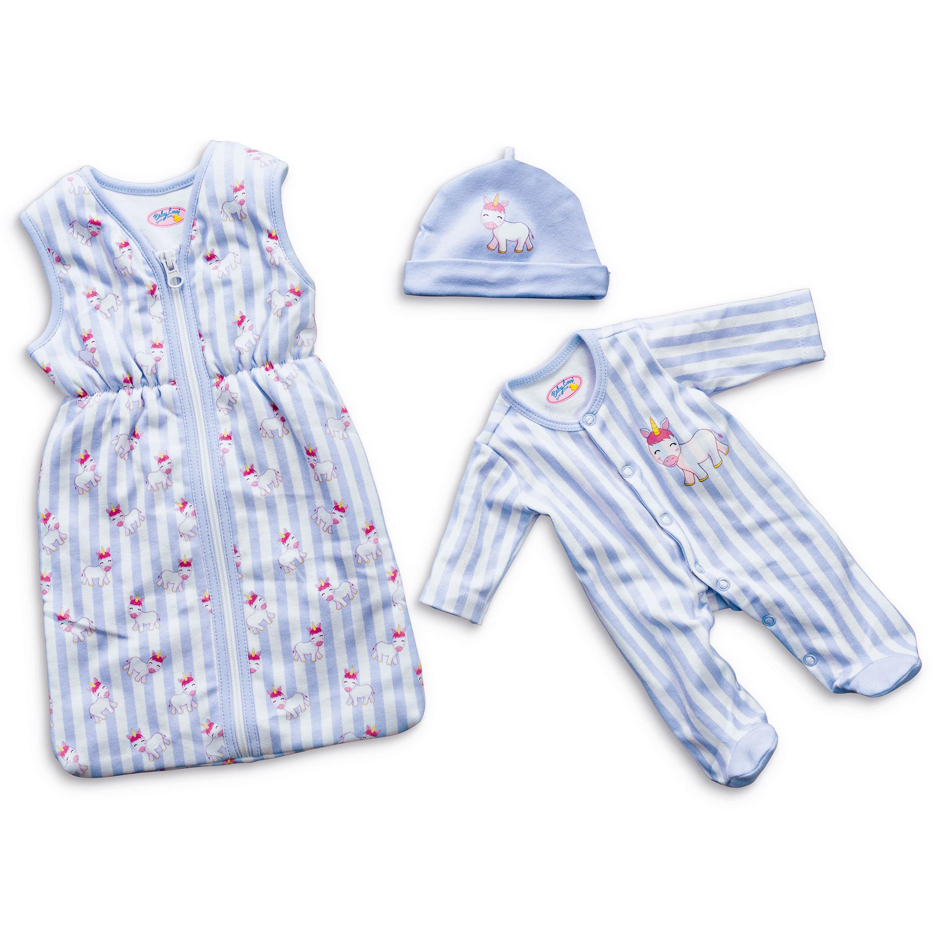 Dreiteiliges Puppen-Schlafset in Blau mit Einhornmotiv: wattierter Schlafsack, Pyjama mit Druckknöpfen und Käppchen