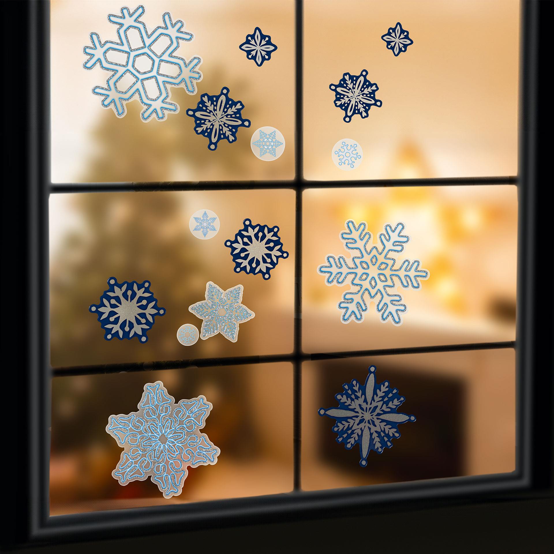 9 Bögen mit funkelnden Schneeflocken und Schneekristallen blau-silbrig, ideal als winterliche Fensterdeko