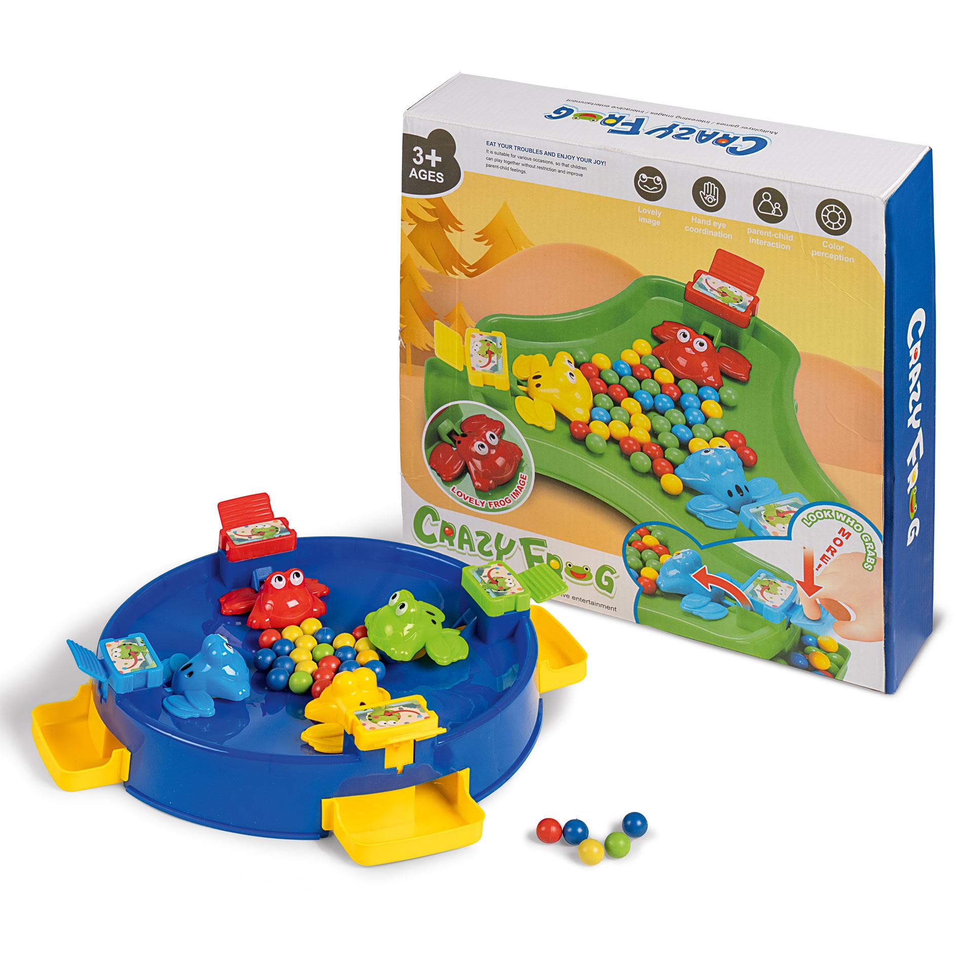 Jeu rond pour enfants avec quatre grenouilles sauteuses colorées et des billes colorées, dans lequel les joueurs attrapent des boules en appuyant sur un bouton – jeu de société pour 4 enfants