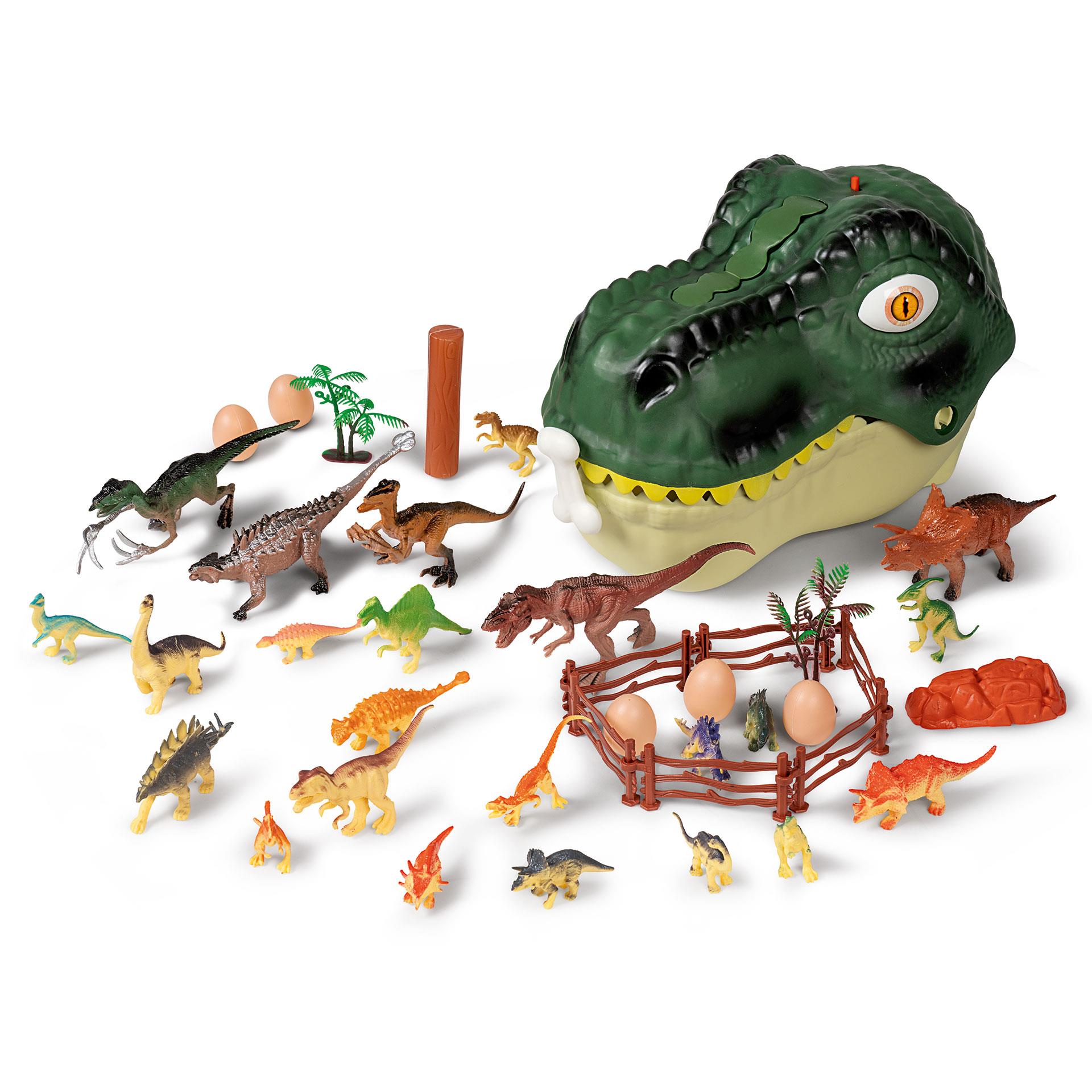 Spielset mit 44 Dinosaurier-Figuren und Zubehör, in Dinokopf mit Licht- und Soundfunktion