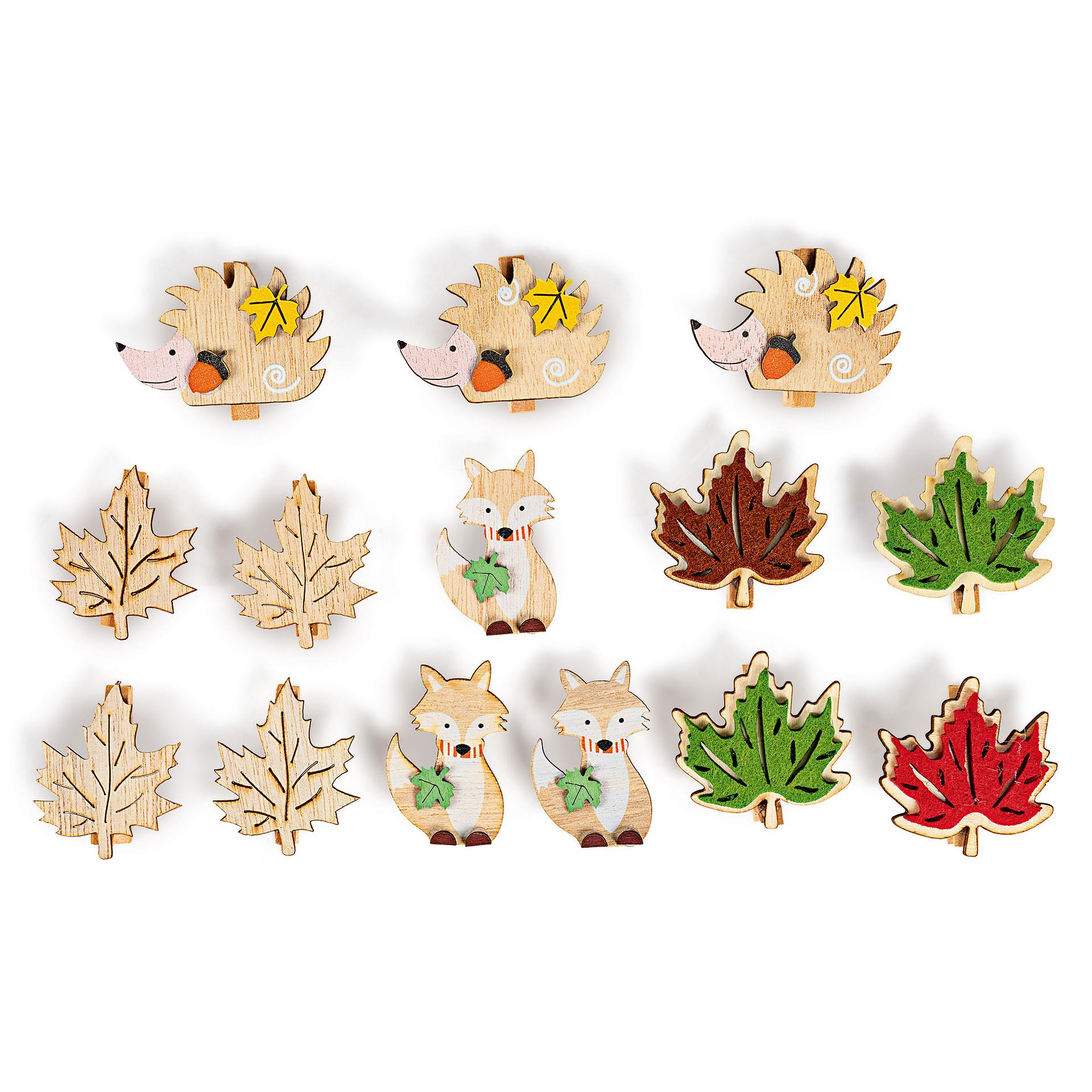 Set mit 14 herbstlichen Bastelklammern aus Holz mit Igel, Fuchs und Blätter-Motiven