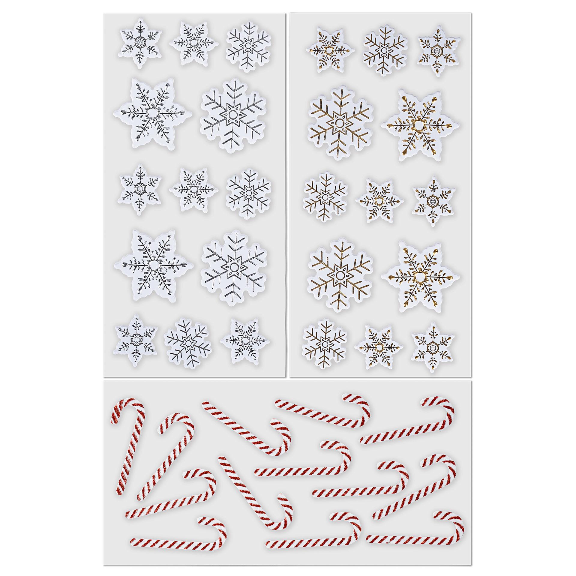 9 Bögen mit Weihnachtsstickern: rote Zuckerstangen sowie weisse Schneeflocken in Gold- und Silberoptik – ideal zum Basteln, Bekleben und Dekorieren in der Weihnachtszeit