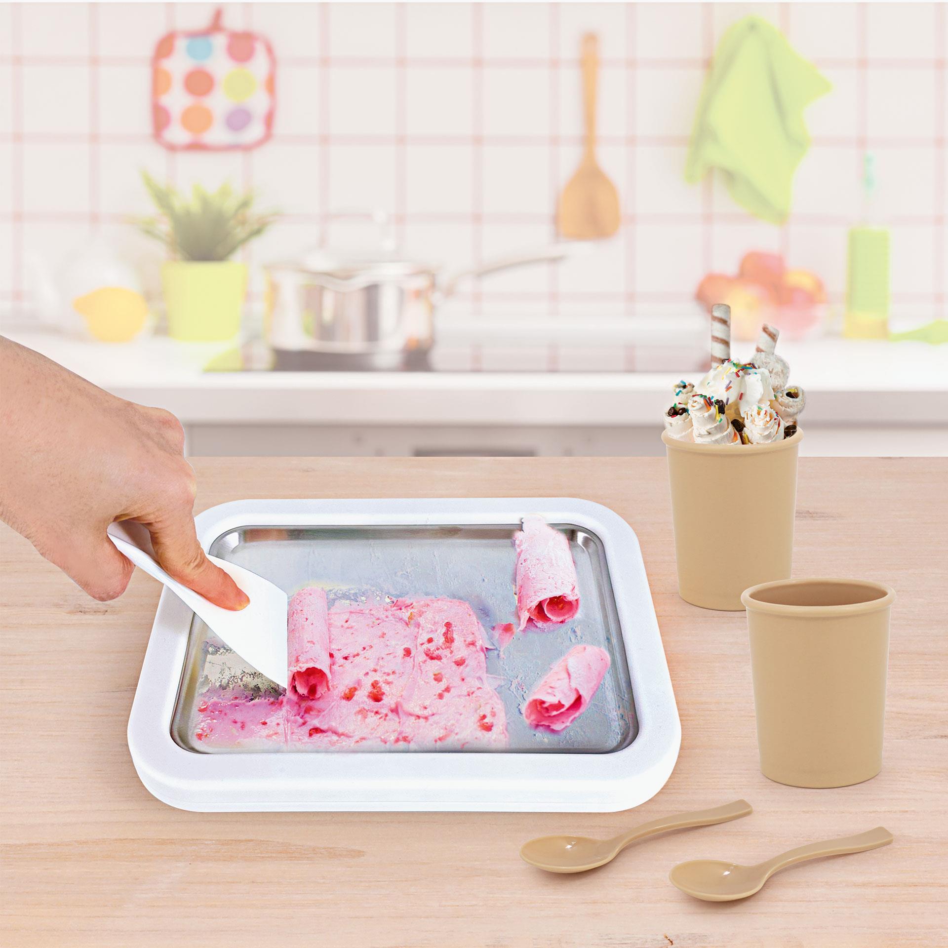 Eisrollen Maschine für Kinder mit Kühlplatte, 2 Spachteln, 2 Bechern und 2 Löffeln