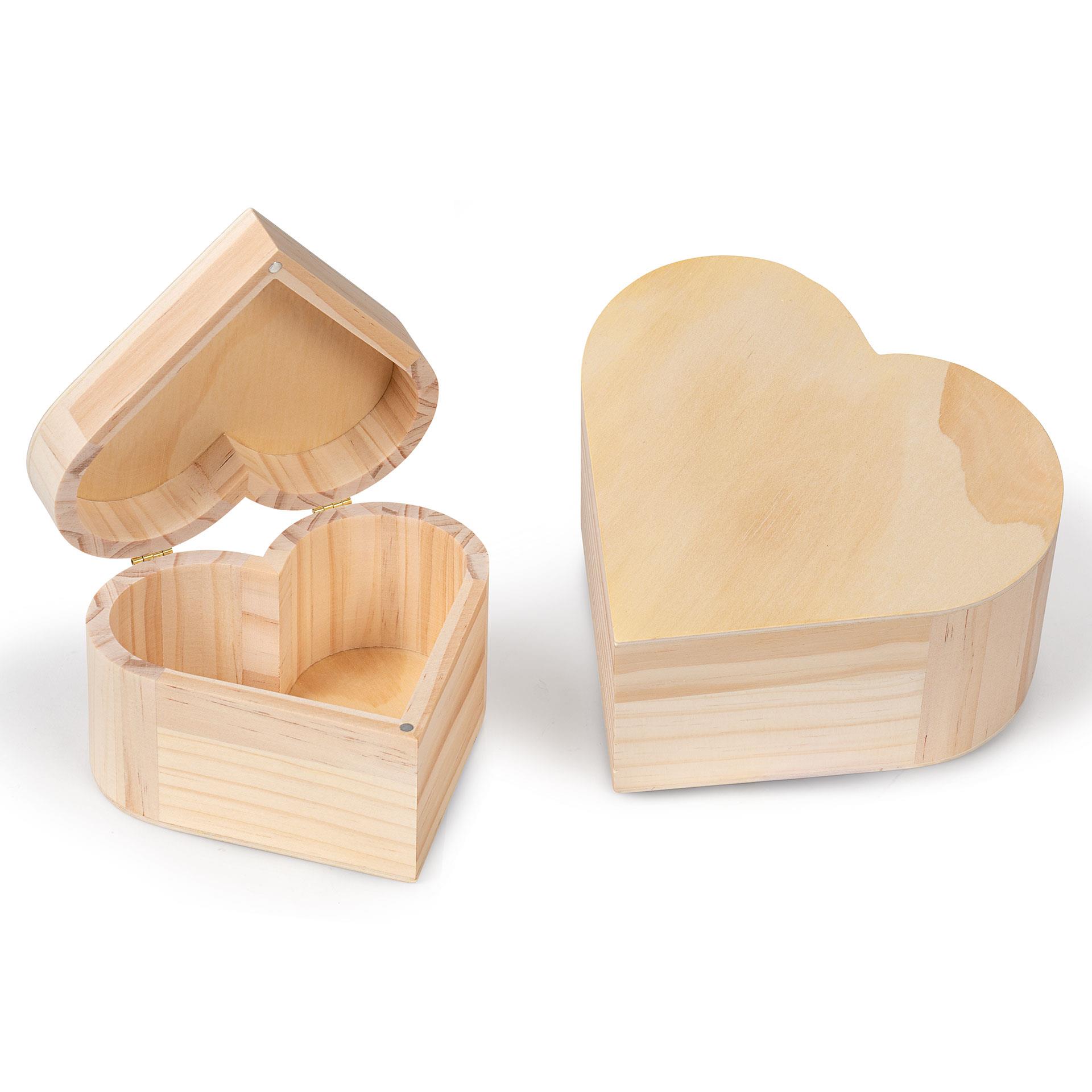 Zwei naturbelassene Herzboxen aus Holz, ineinander stapelbar, ideal zum Bemalen oder Basteln, 2er Set in verschiedenen Grössen