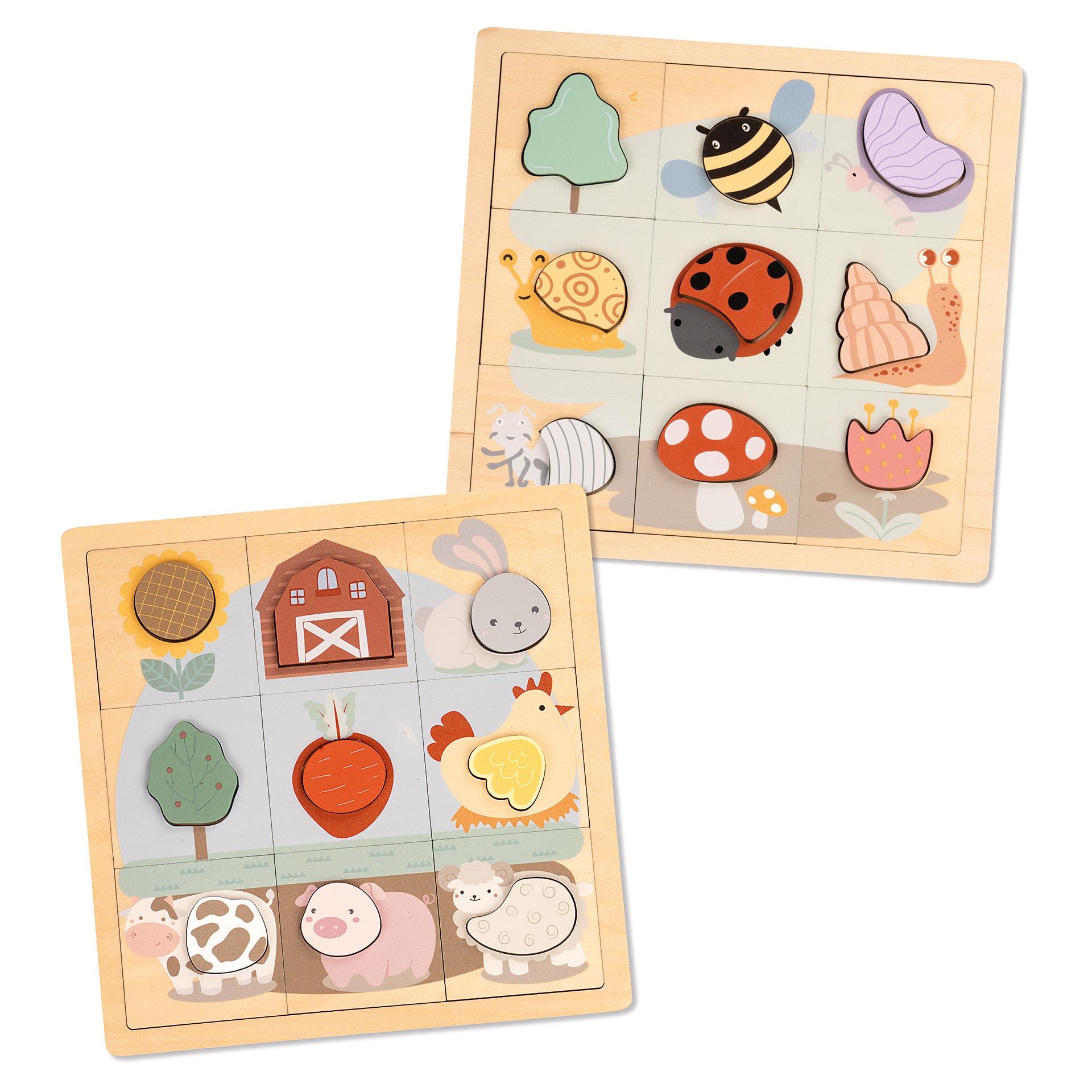 Zwei Holzpuzzles mit bunten Motiven aus Park und Bauernhof, bei denen Kinder passende Formen einsetzen können