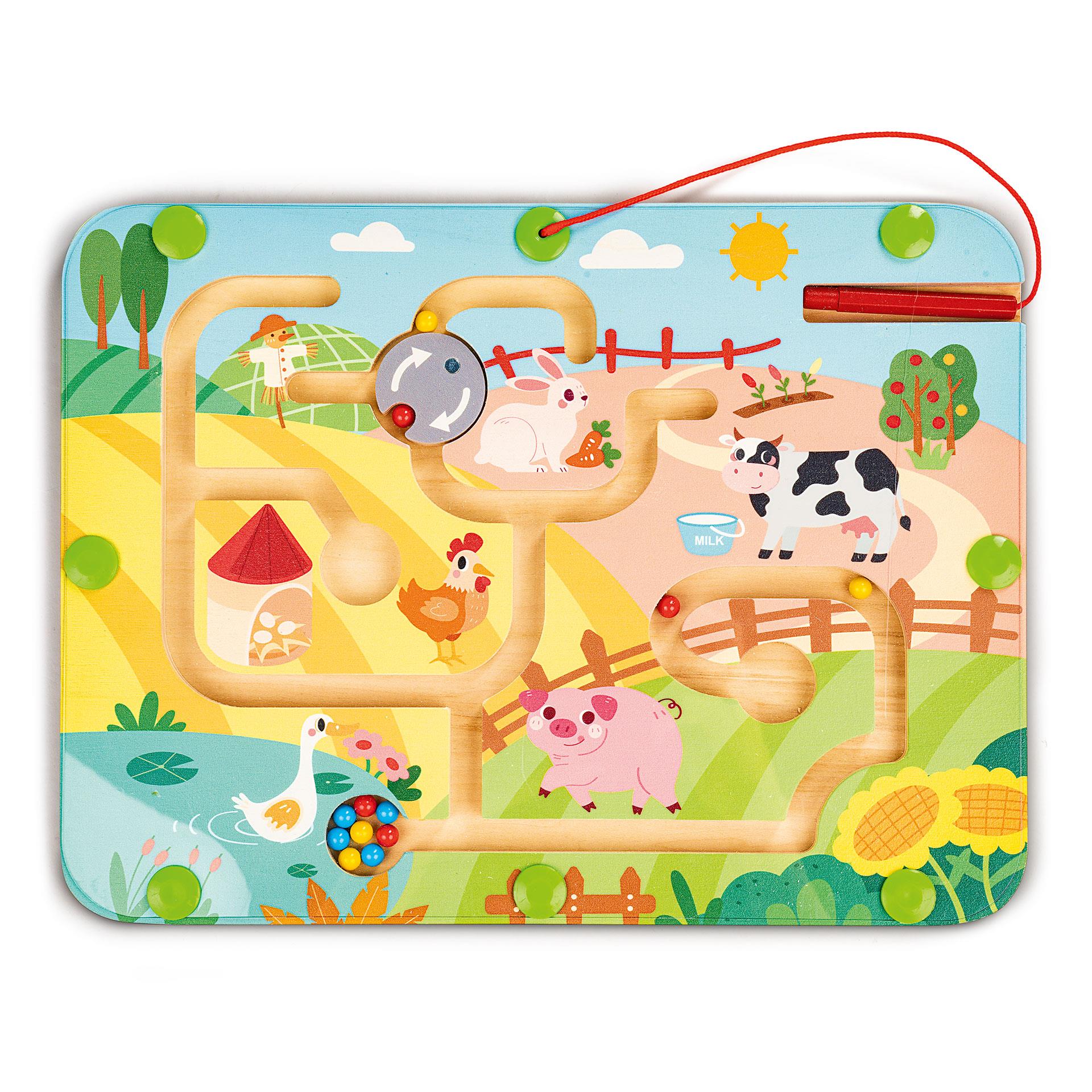 Gioco labirinto magnetico con animali della fattoria e sfere colorate che vengono guidate attraverso il campo di gioco con una penna magnetica