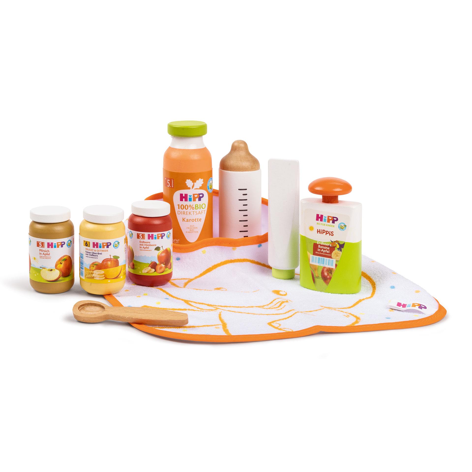 Set bébé en bois 9 pièces avec biberons pour poupées, gourde, petits pots, crème, bavoir et cuillère pour les jeux de rôle