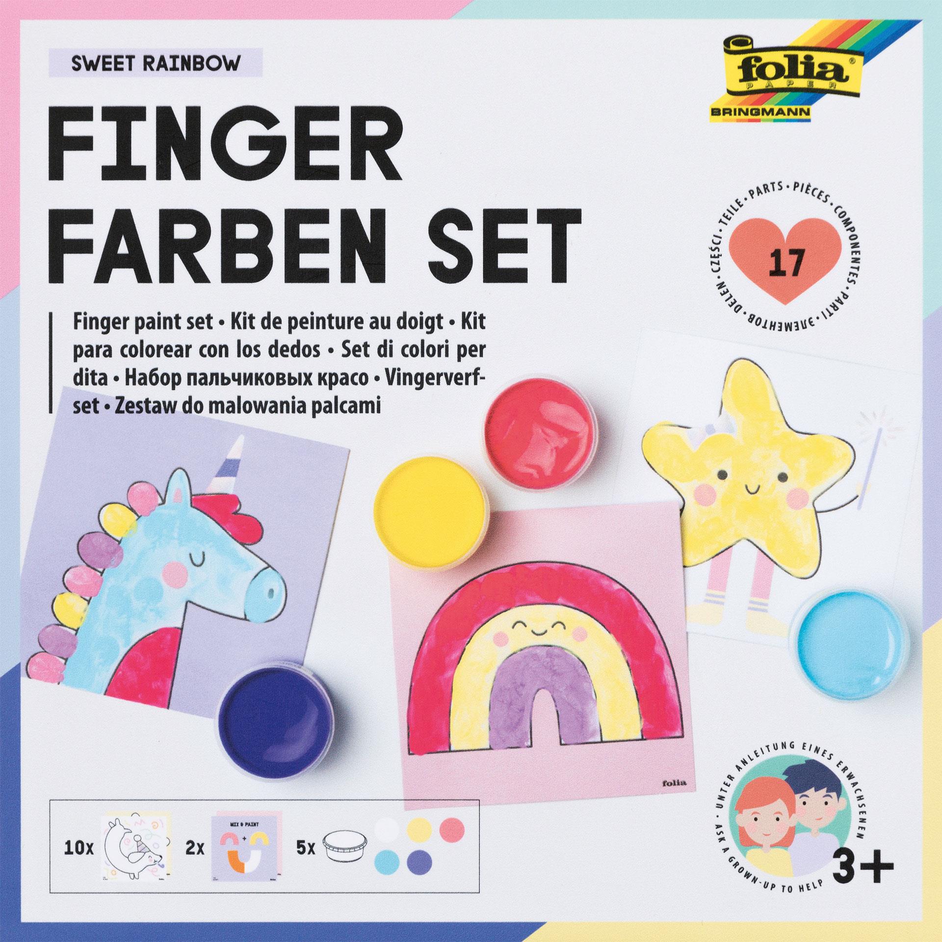 Fingerfarben Set mit 5 Farbtöpfchen, Glitzer-Malvorlagen, Mischkarten und Anleitung in bunter Geschenkverpackung für Kinder