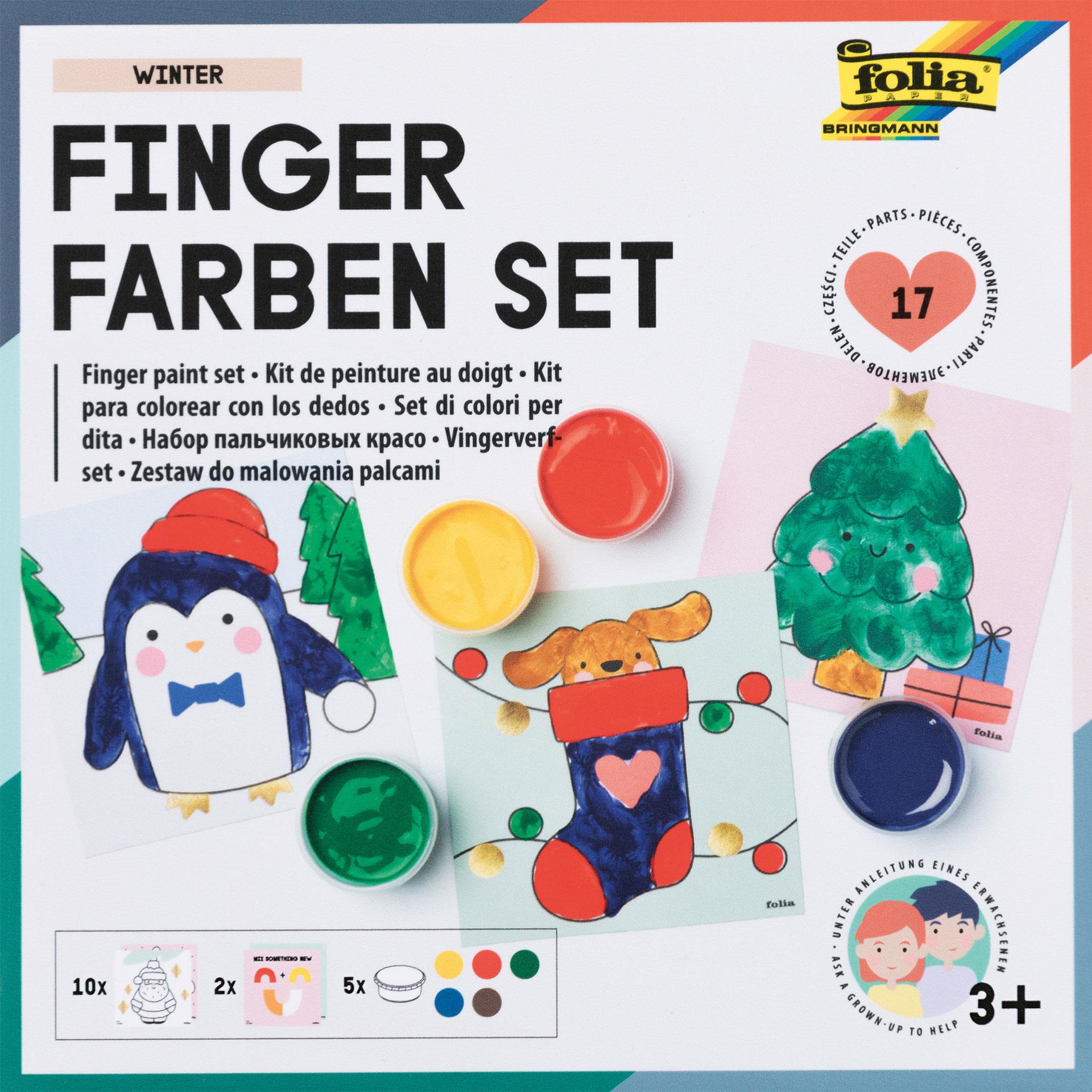 Fingerfarben Set Winter mit 5 bunten Farben, glitzernden Wintermotiven und Malvorlagen für Kinder ab 3 Jahren
