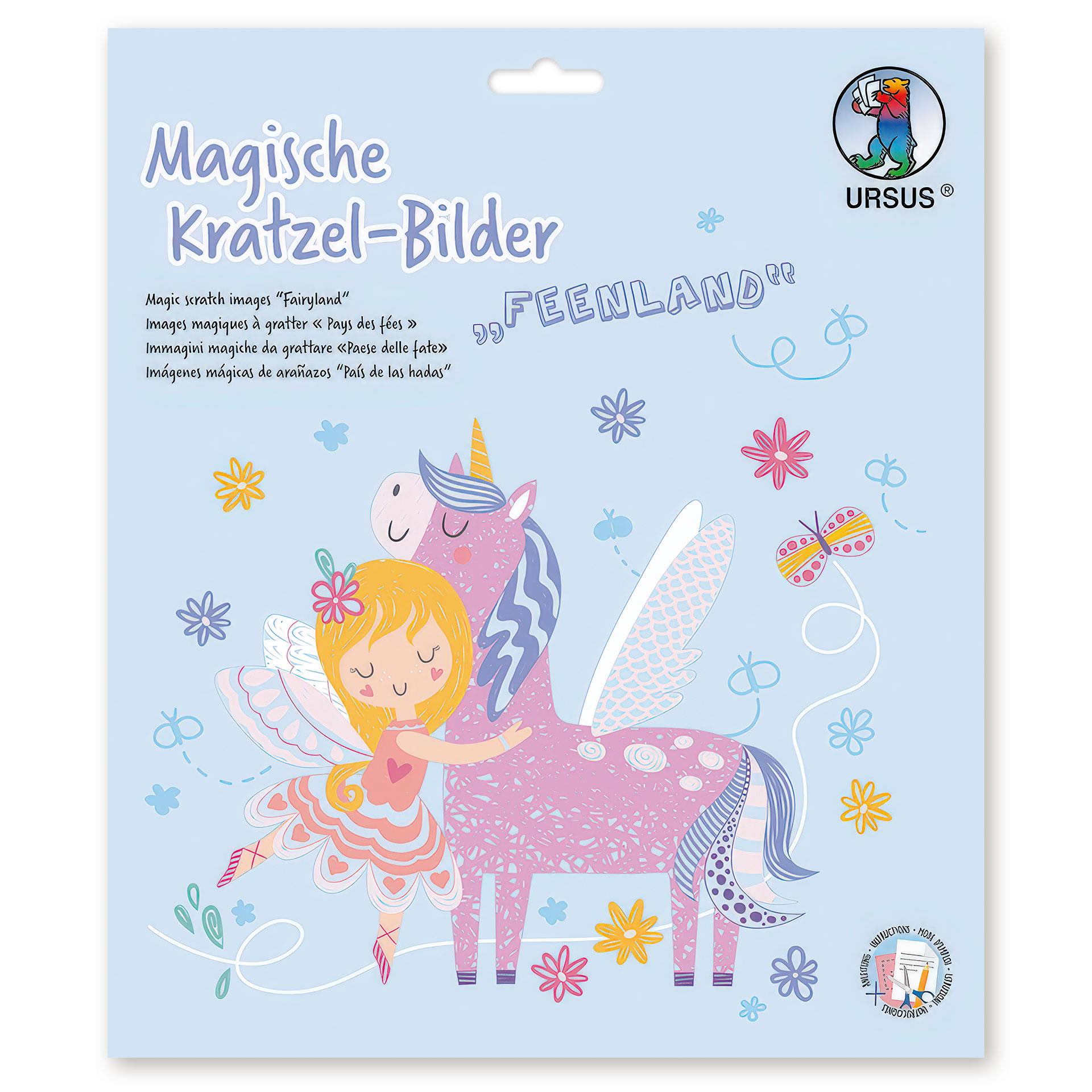 Magische Kratzelbilder mit Einhorn, Fee, Libelle und Blumen, inklusive Holz-Kratzstift