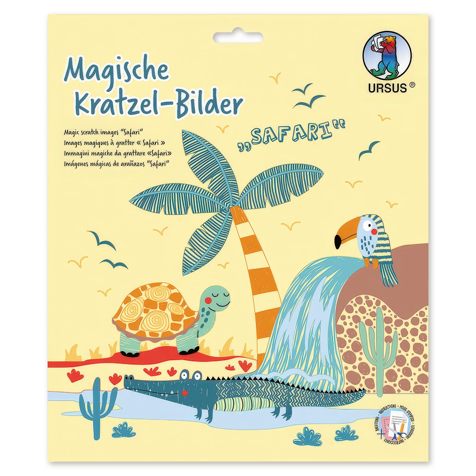 Magische Safari-Kratzbilder mit Giraffe, Löwe, Elefant und Affe, inklusive Bambus-Kratzstift