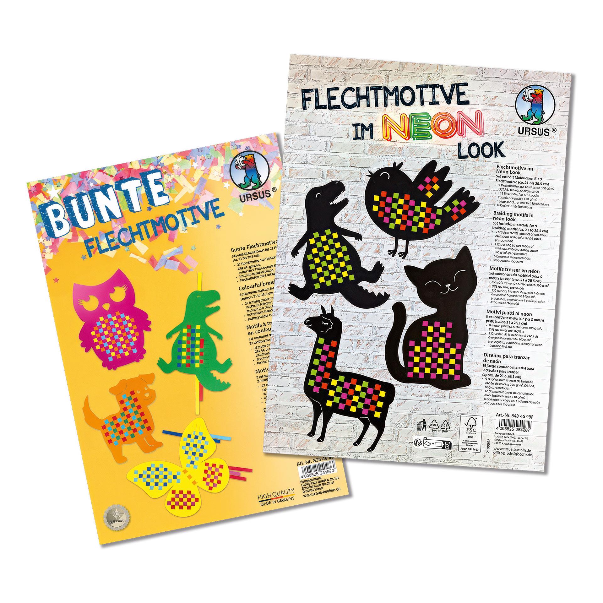 Zwei Bastelsets mit Tier-Flechtmotiven, darunter Eule, Dino, Katze, Lama und Schmetterling