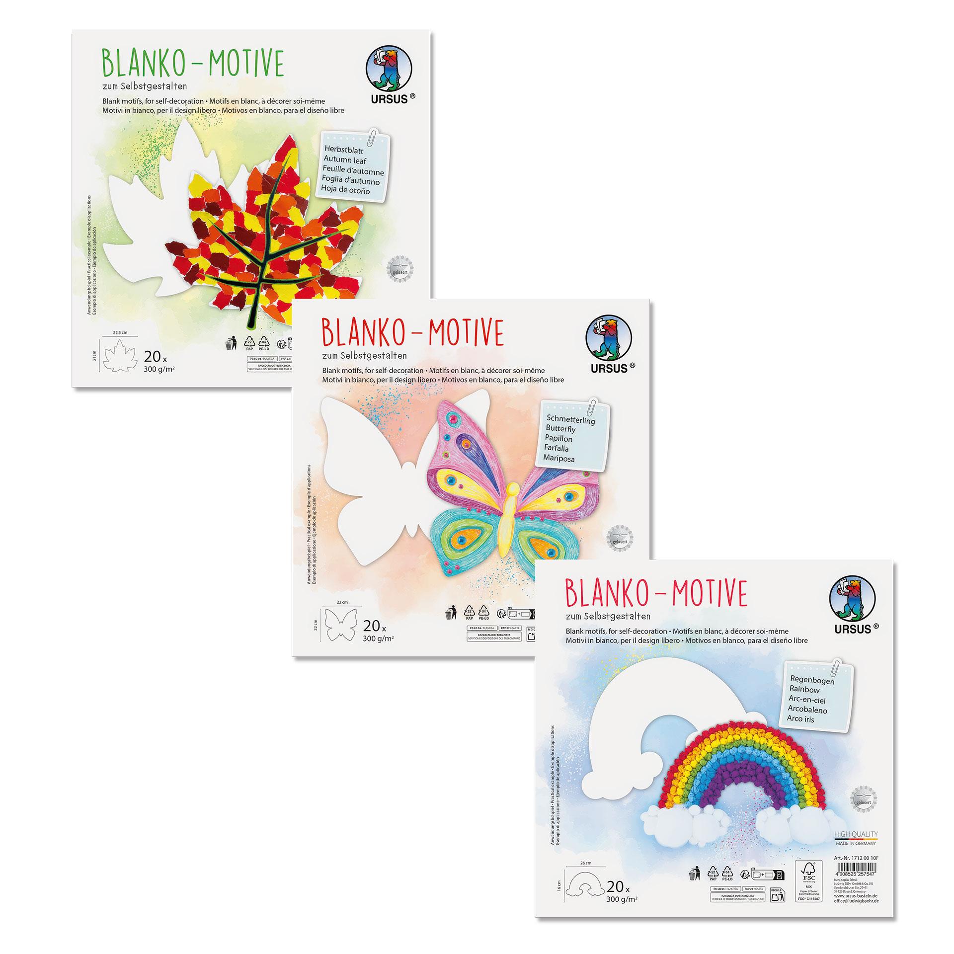 Weisse Bastelmotive aus Karton in Form von Regenbogen, Schmetterling und Ahornblatt