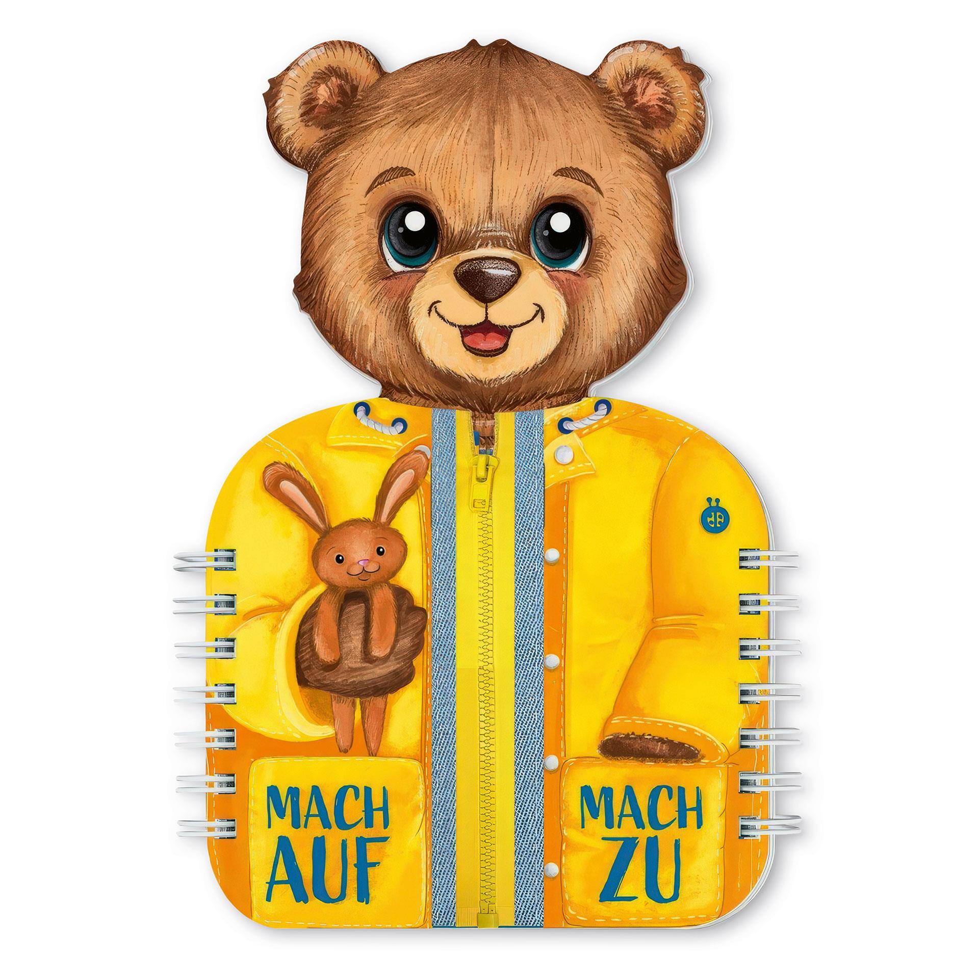 Kindgerechtes Lernbuch in Bärenform mit echten Verschlüssen: Reissverschluss, Knopf, Klick, Schnürung und Druckknopf – zum spielerischen Üben für Kinder ab 3 Jahren