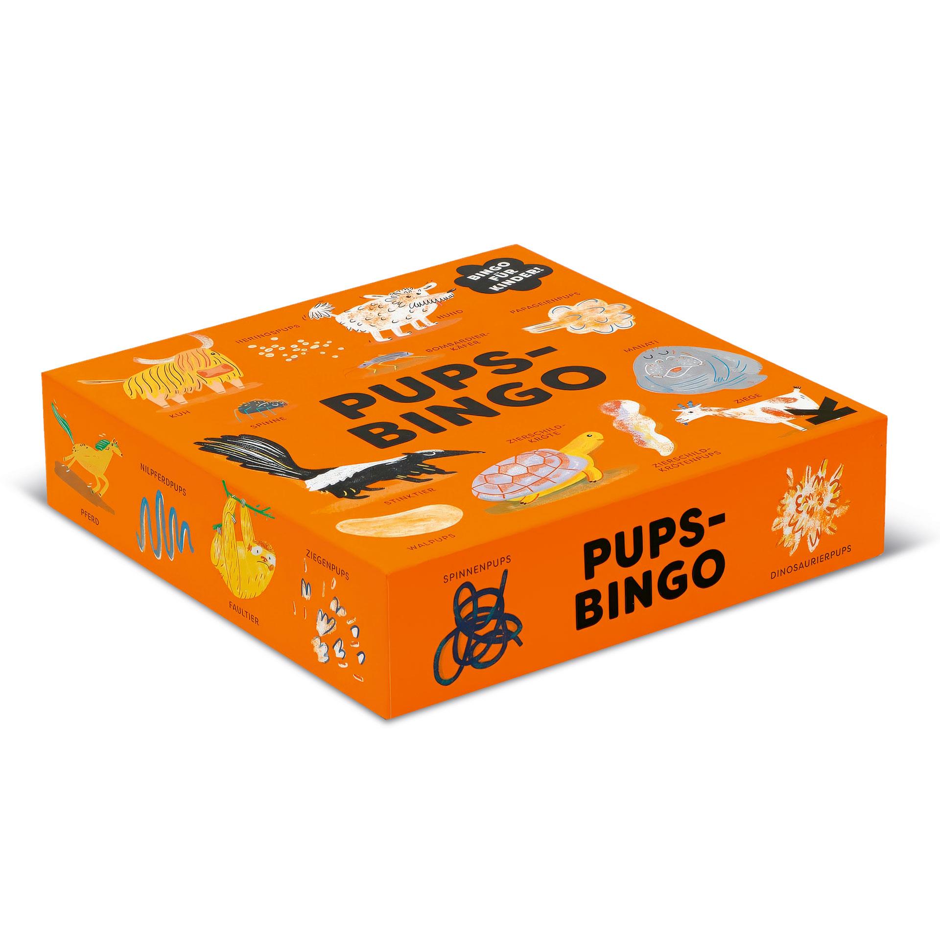 Farbig illustriertes Bingo-Kartenspiel rund um pupsende Tiere vom Laurence King Verlag