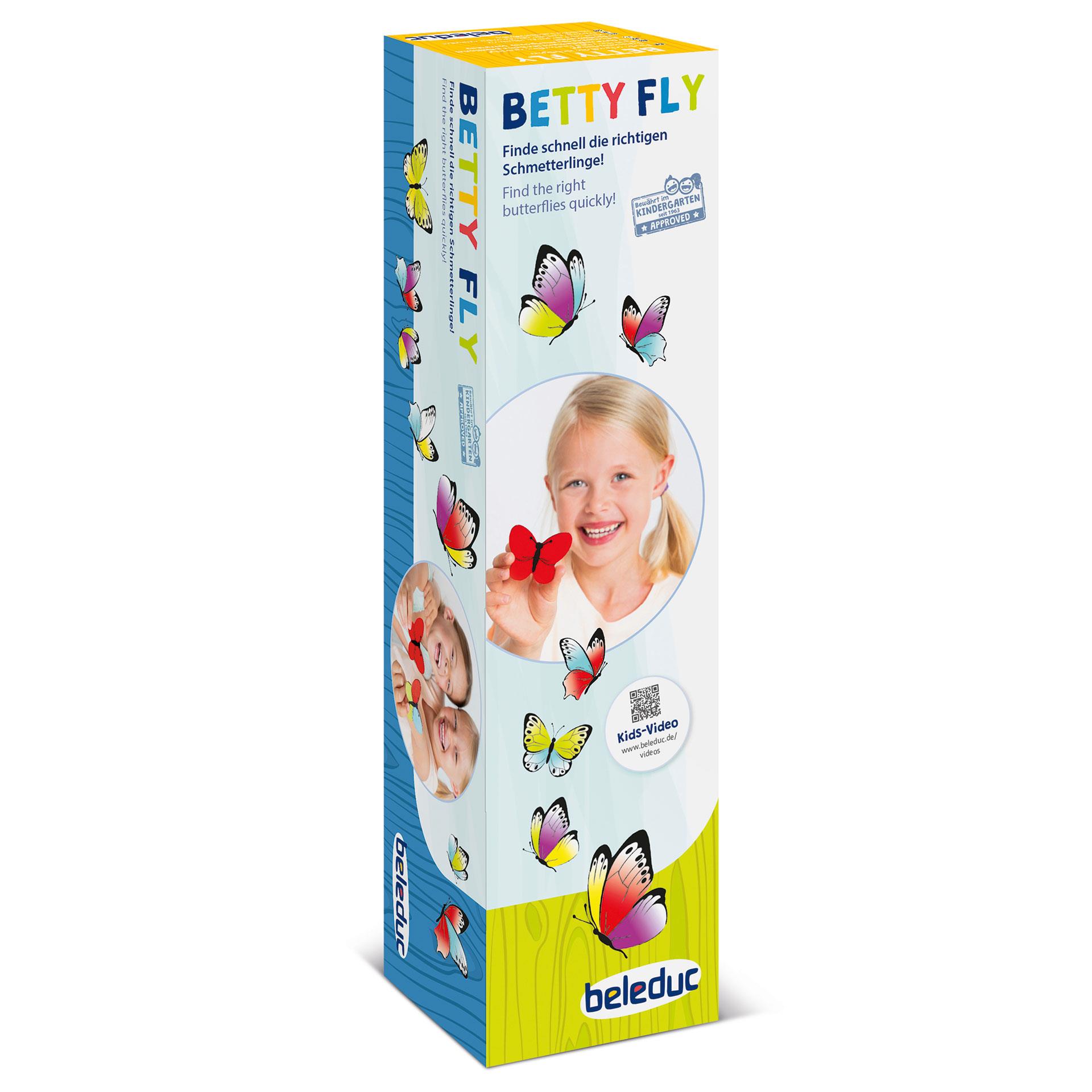 Beleduc Betty Fly Spiel, mit bunten Holzschmetterlingen auf grosser Spielmatte und 3 Farbwürfeln