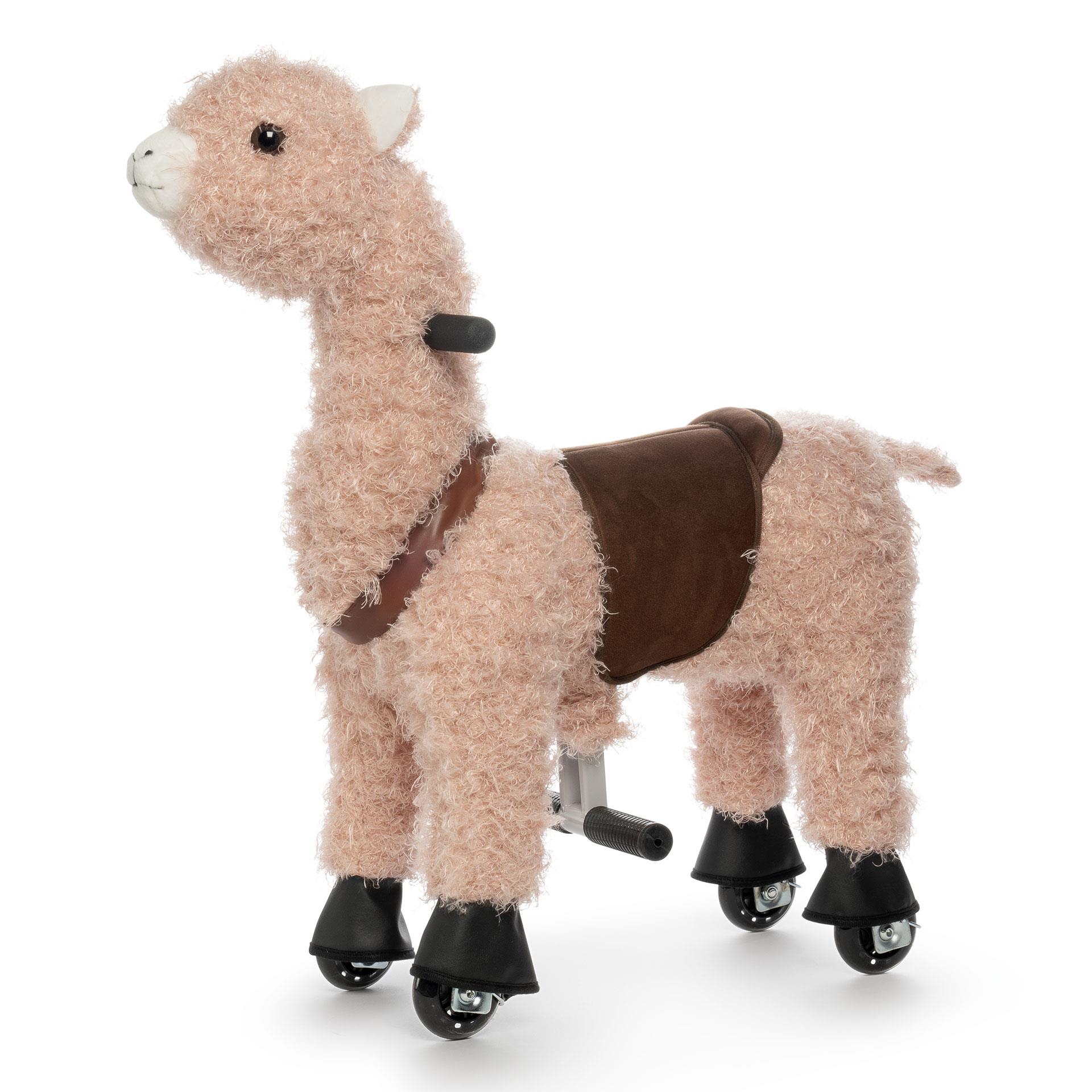 Monture Lama XS BEA Toys avec pelage brun, selle et système à roulettes, se déplace en pédalant
